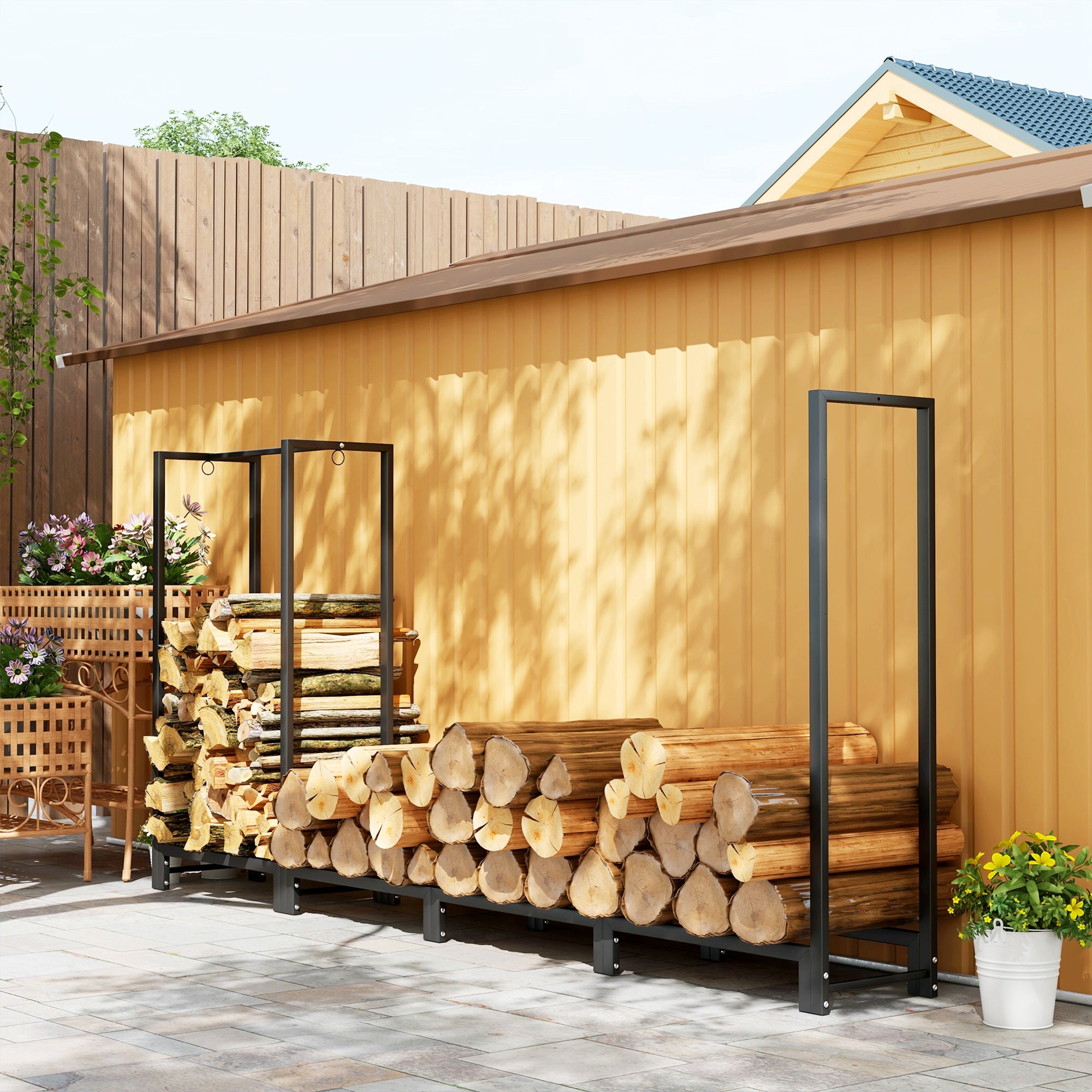 Outsunny Feuerholzgestell, zwei Abschnitte, rostfreier Stahlrahmen, bis 300 kg, 240 x 32 x 115 cm, Schwarz