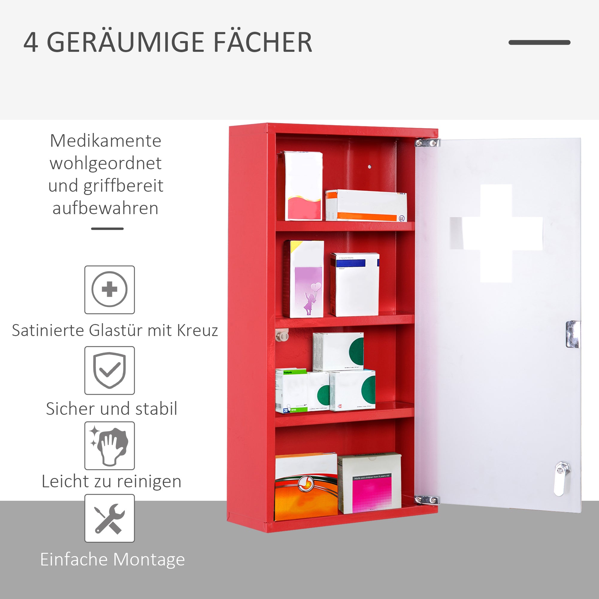 HOMCOM Medizinschrank Arzneischrank Medikamentenschrank mit 3 Ebenen Erste-Hilfe-Schrank mit Schloss Apothekerschrank mit Mattglastür Stahl Rot 27 x 57 x 12 cm