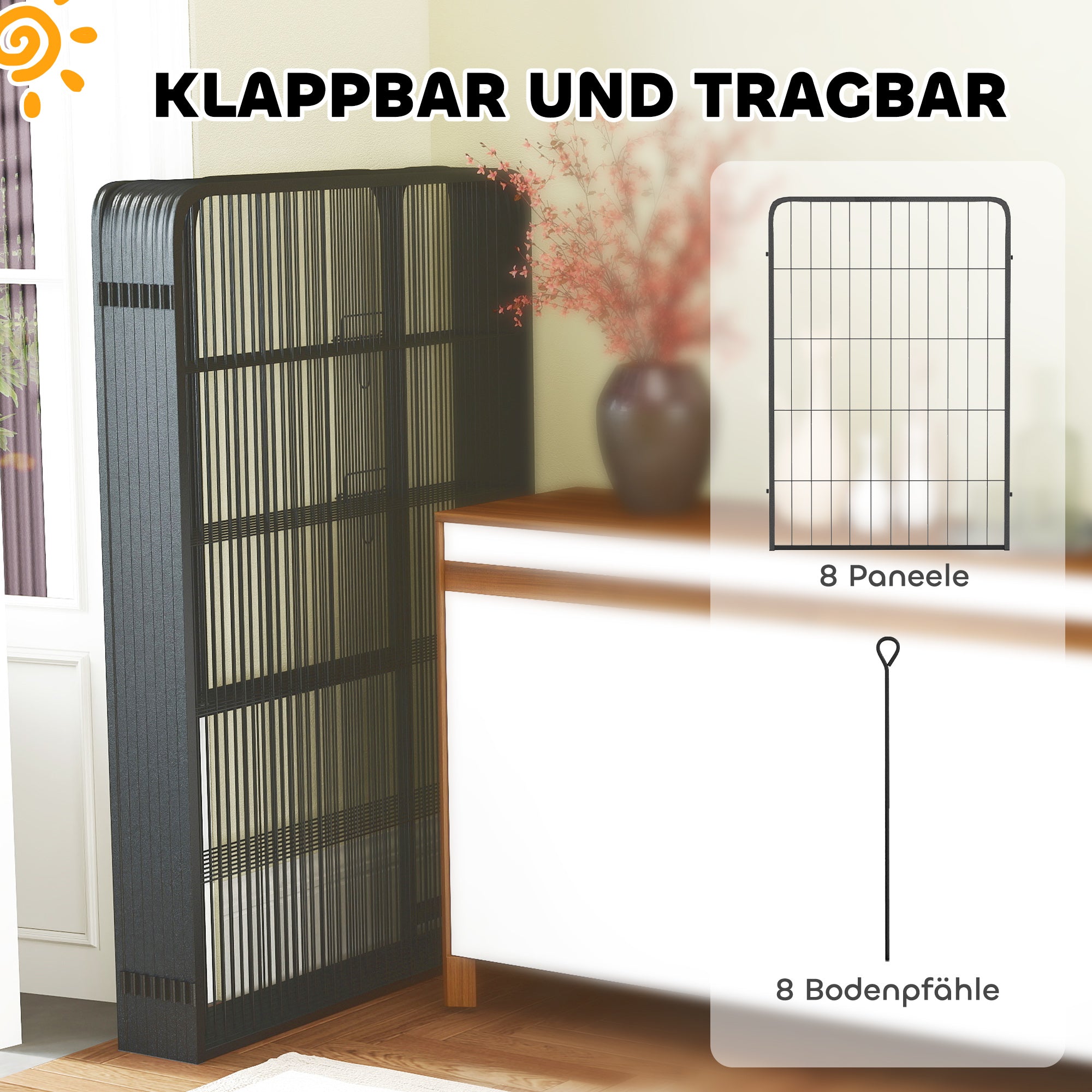 PawHut Welpenlaufstall 8-eckig Welpenauslauf mit 8 Gitterplatten Tür Erdspießen flexibel faltbar 100cm hoch