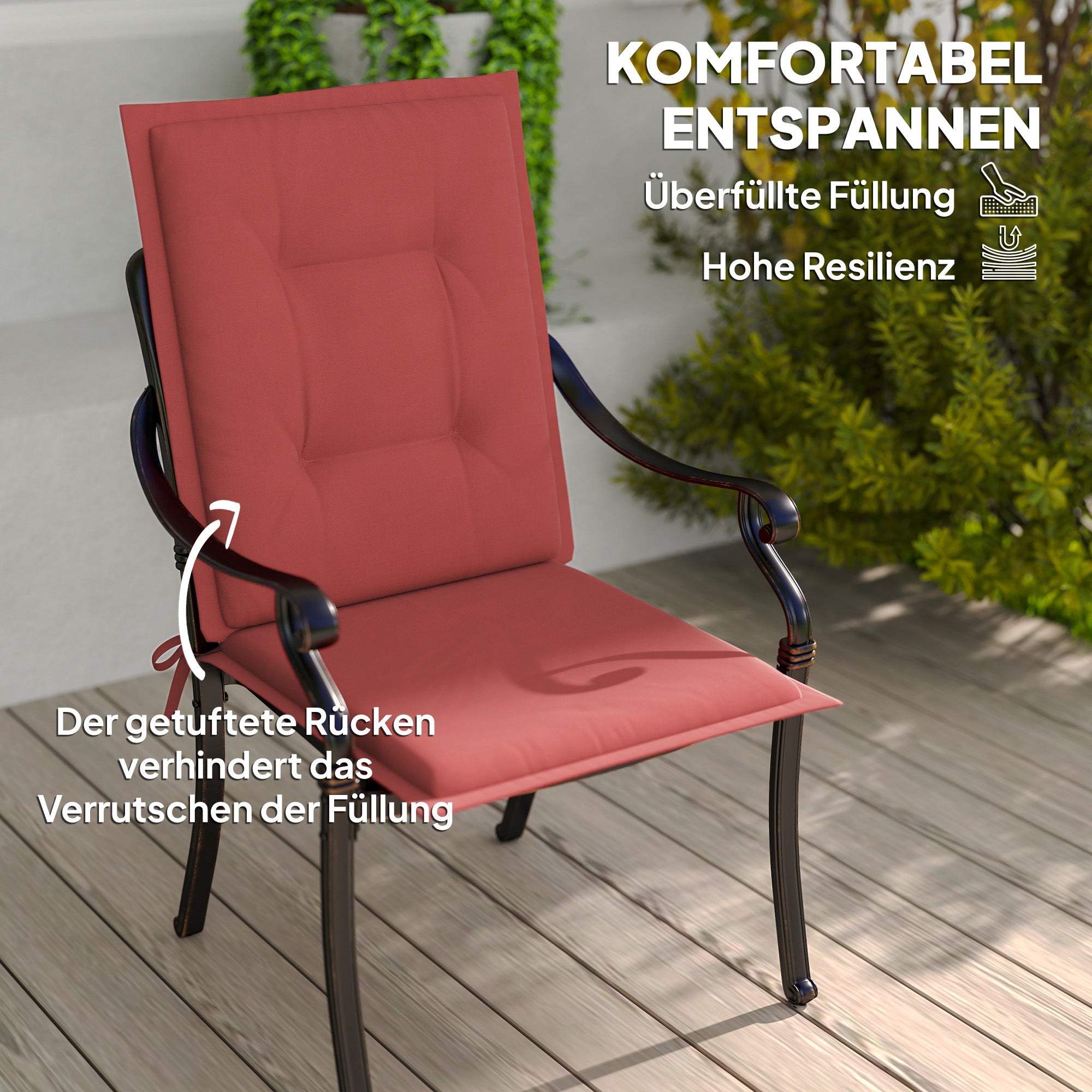 Outsunny 4er Set Sitzkissen 108 x 50 x 5 cm Stuhlkissen mit Bändern, Outdoor Indoor Sitzauflage Weinrot