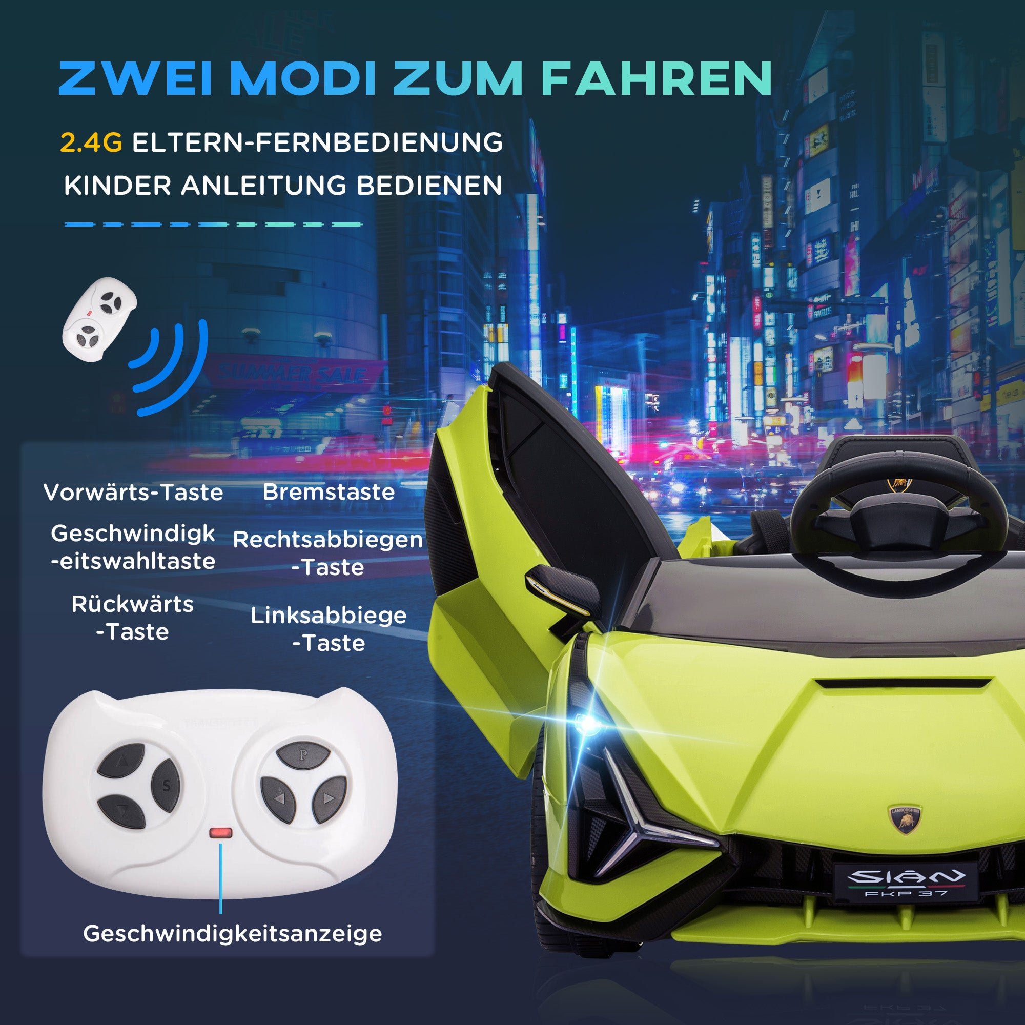 HOMCOM Kinder-Elektroauto, Lamborghini, 3-5 km/h, Fernsteuerung, für 3-5 Jahre, Grün