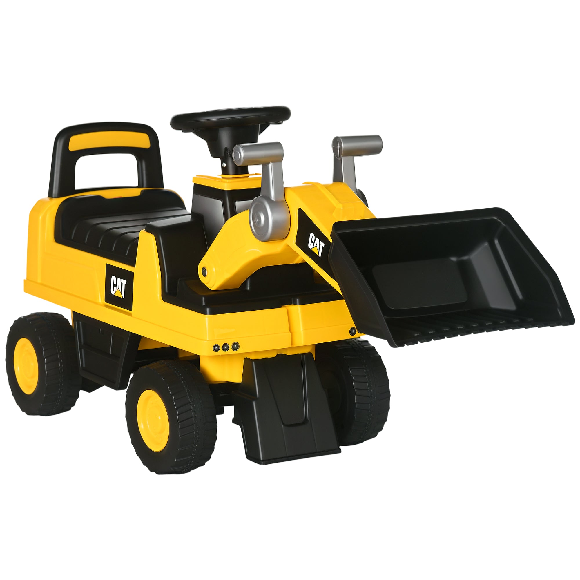 HOMCOM Kinderbagger, Rutscher, bedienbare Baggerschaufel, Kippschutz, rutschfeste Räder, gelb+schwarz, 78 x 29,5 x 54 cm