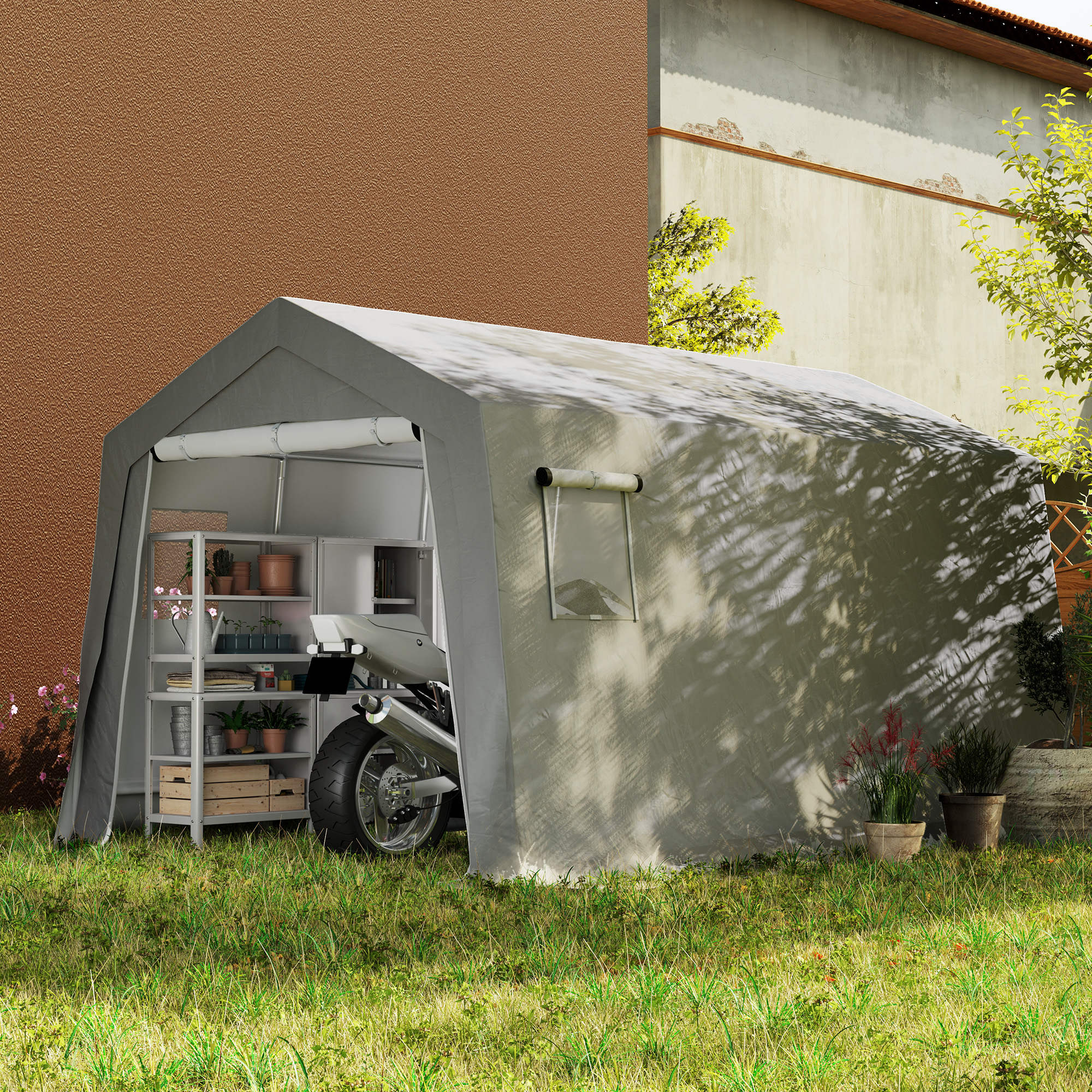 Outsunny Gerätehaus mit Satteldach wasserdicht Gerätezelt mit Türen, Fenster 300x447x255 cm, Hellgrau