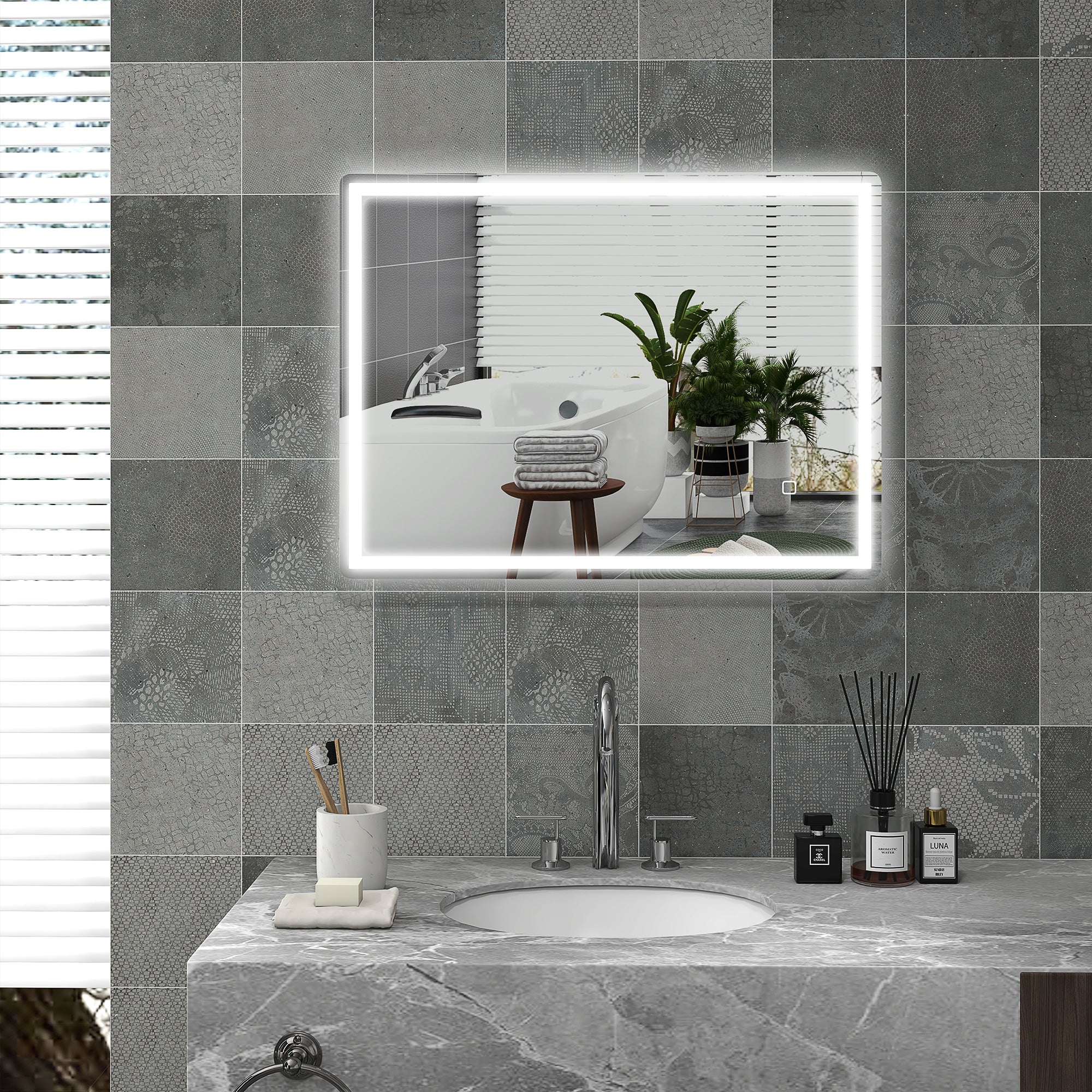 HOMCOM Badspiegel Badezimmerspiegel Wandspiegel LED´s. Ber, gsschalter, Antibeschlagfunktion, 60 x 80 x 4 cm, Weiß