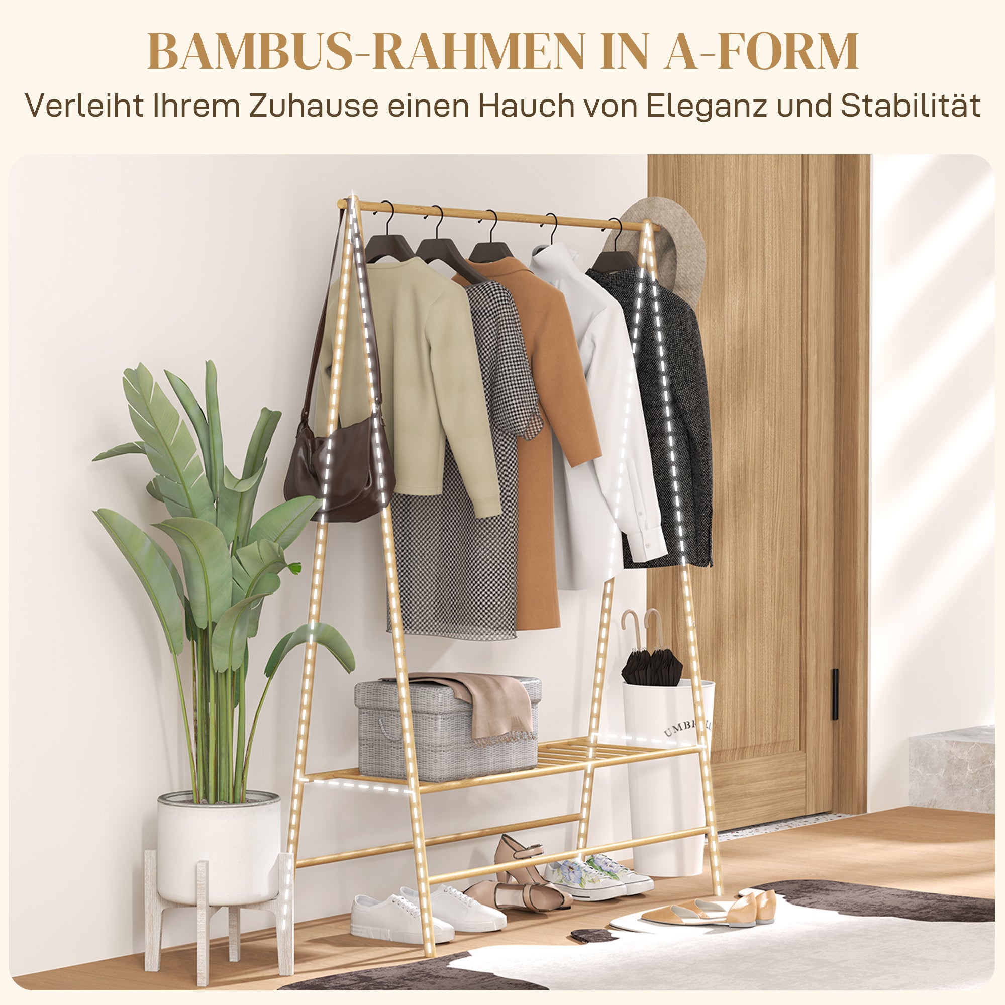 HOMCOM Bambus-Kleiderständer mit Schuhregal und Haken, freistehend, für Eingangsbereich, Schlafzimmer, Naturholz