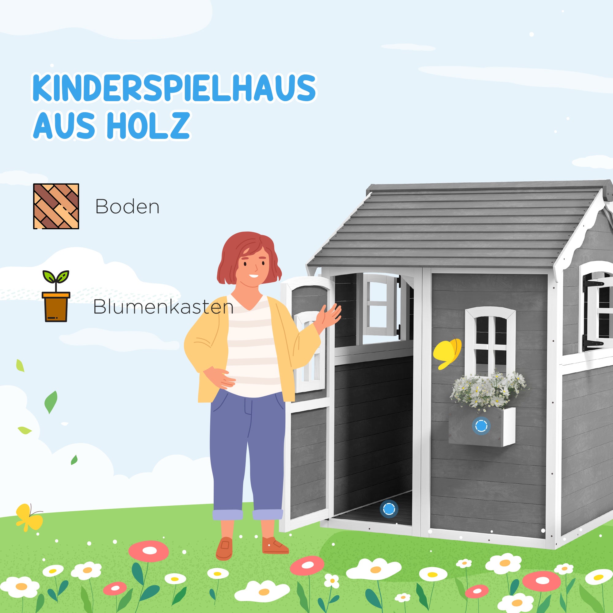 Outsunny Spielhaus für Kinder, Indoor- und Outdoor-Haus mit Tür, Fenstern und Pflanzkasten, Tannenholz, Grau