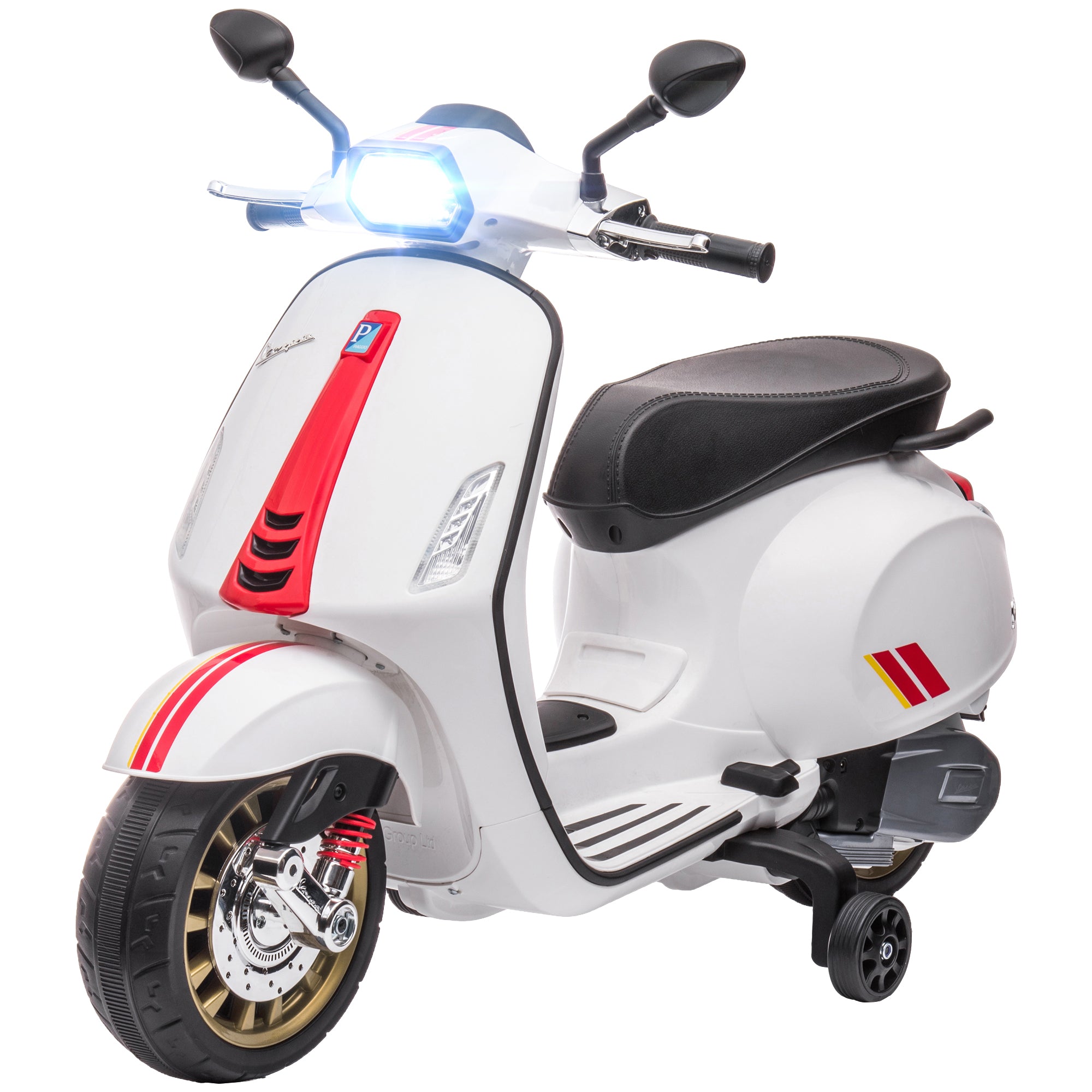 AIYAPLAY Elektro-Kindermotorrad, Vespa, 3 km/h, 3-6 Jahre, Musik, Licht & Radio, Weiß