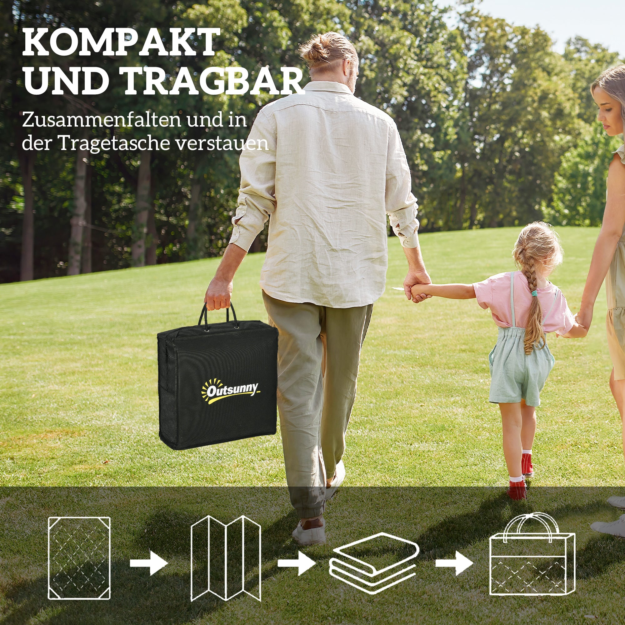 Outsunny Outdoor Teppich robuster Wetterfest Outdoorteppich mit Tragtasche, faltbar Carpet Boho-Style 182 x 274 cm Schwarz+Weiß