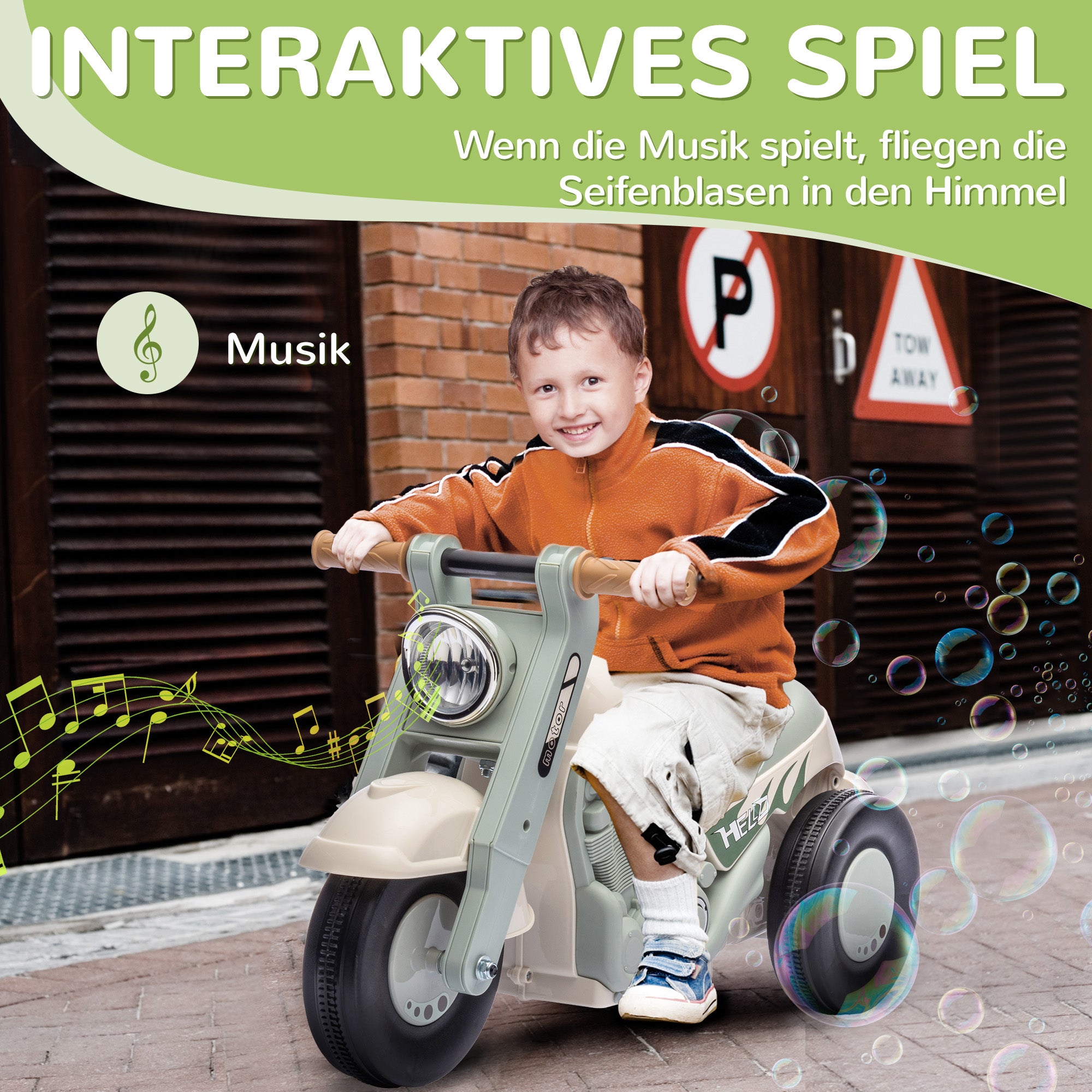 AIYAPLAY Rutschauto, Motorrad-Design, Musik und Seifenblasen, für 2-5 Jahre, Cremeweiß