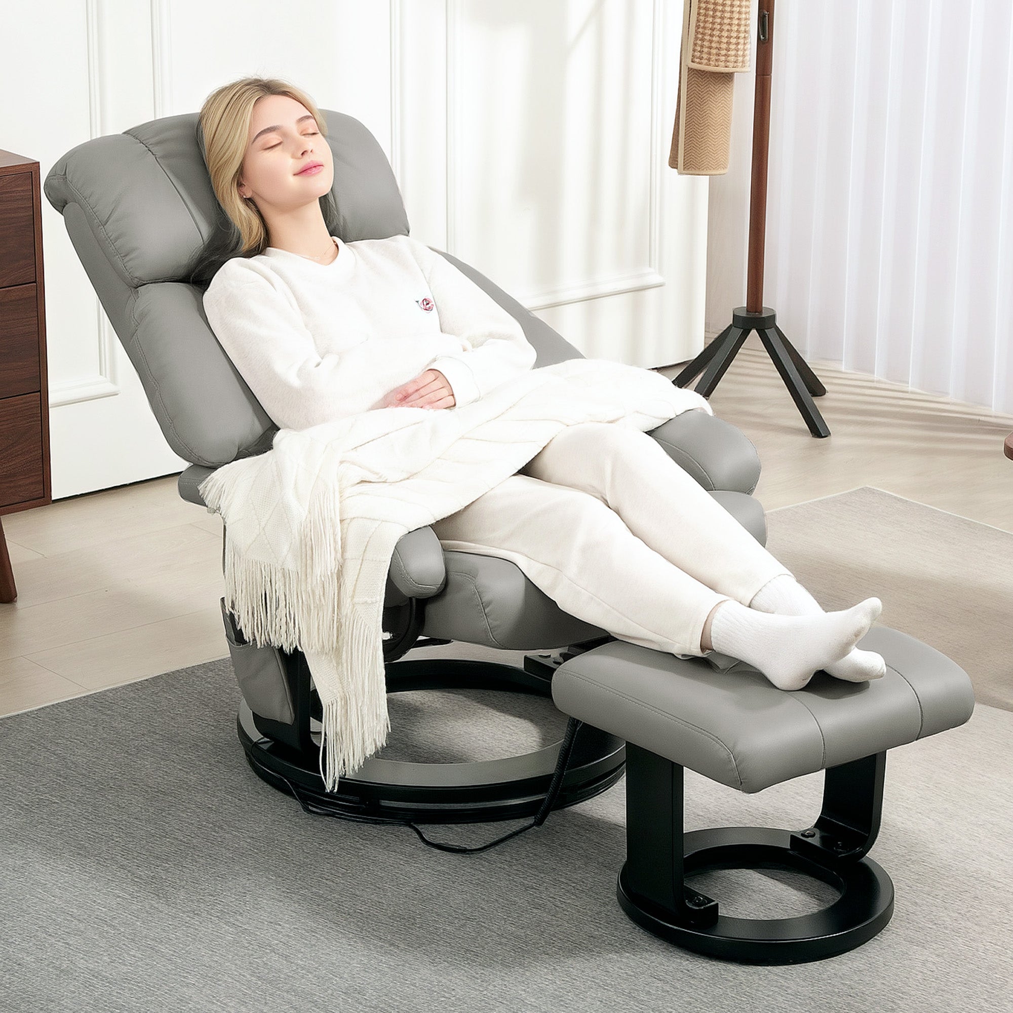HOMCOM Relaxsessel Massagefunktion Fernsehsessel mit Seitentasche, Kunstleder, Grau