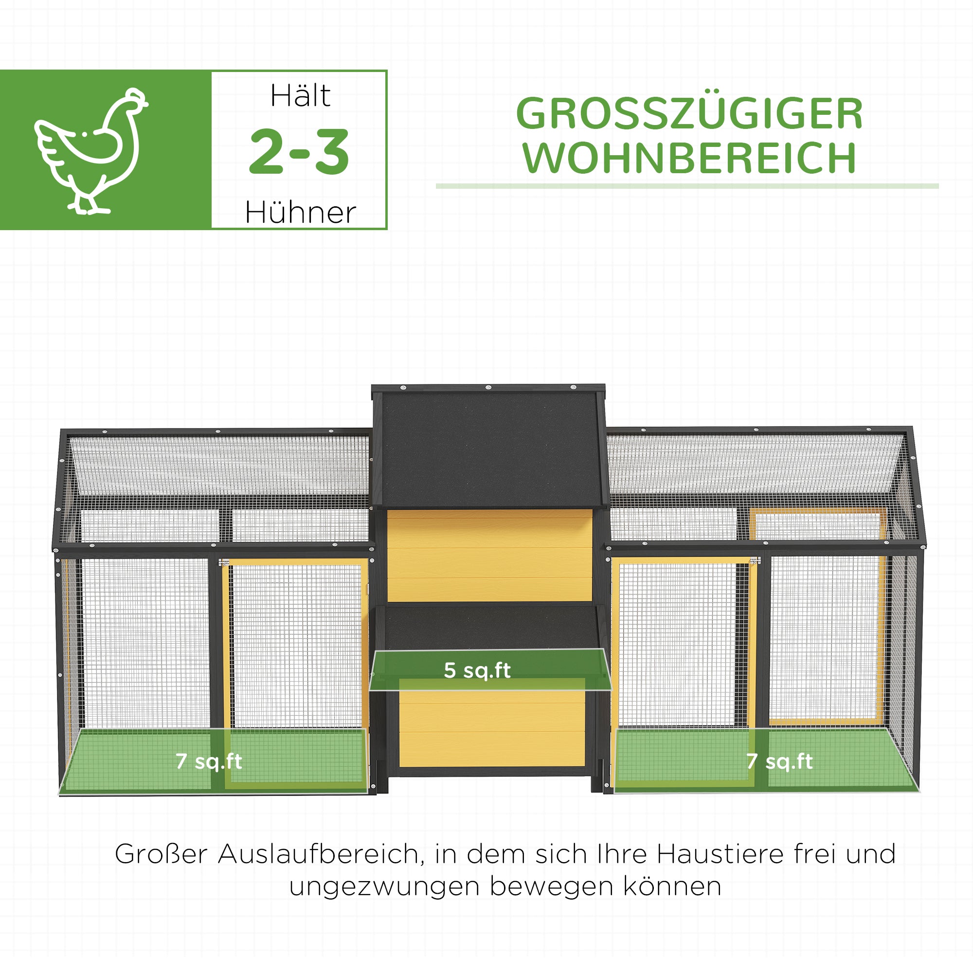 PawHut Hühnerstall Kleintierstall 2 Außengehege, 1 Nistkasten, 2 Rampen,Asphaltdach, wetterbeständig, Gelb