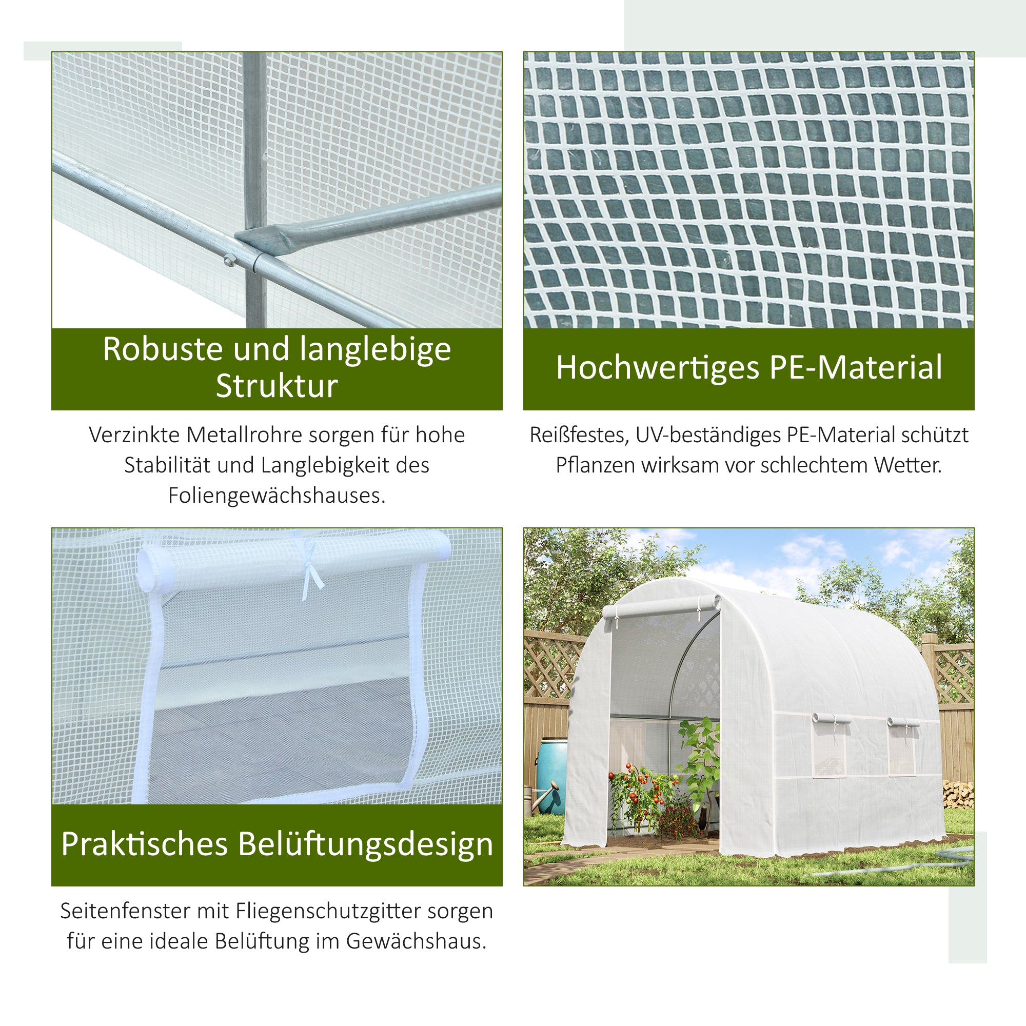 Outsunny Gewächshaus 245x200x200cm Foliengewächshaus Tomatenhaus mit Tür, Fenster, Folientunnel aus verzinktem Stahl, Pflanztunnel, Treibhaus inkl. Erdanker Seilen, Gartentunnel, Weiß