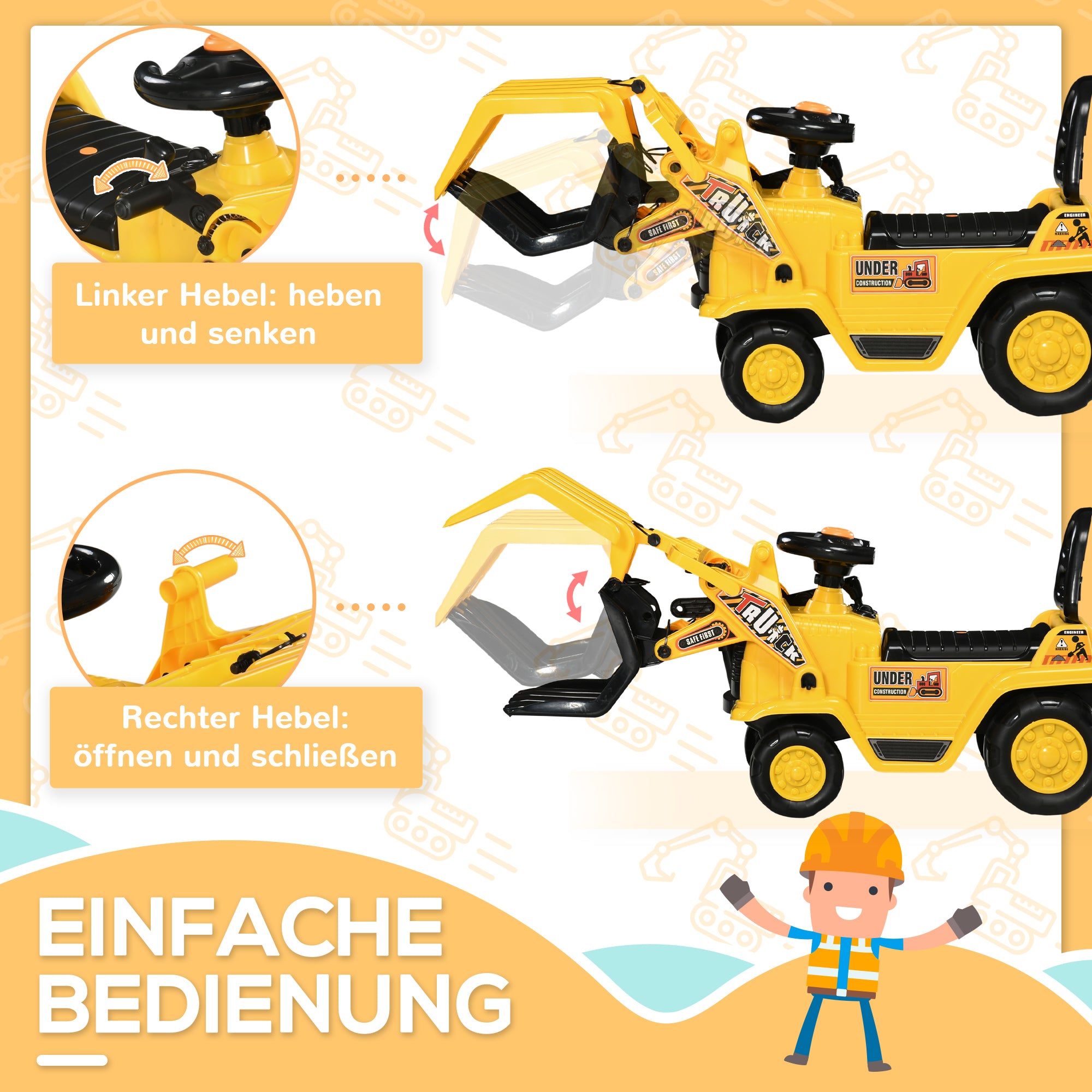 HOMCOM Aufsitzbagger, mit Kralle, Hupe, Sound-Effekten, Stauraum, Kippschutz, für Kinder 2-4 Jahre