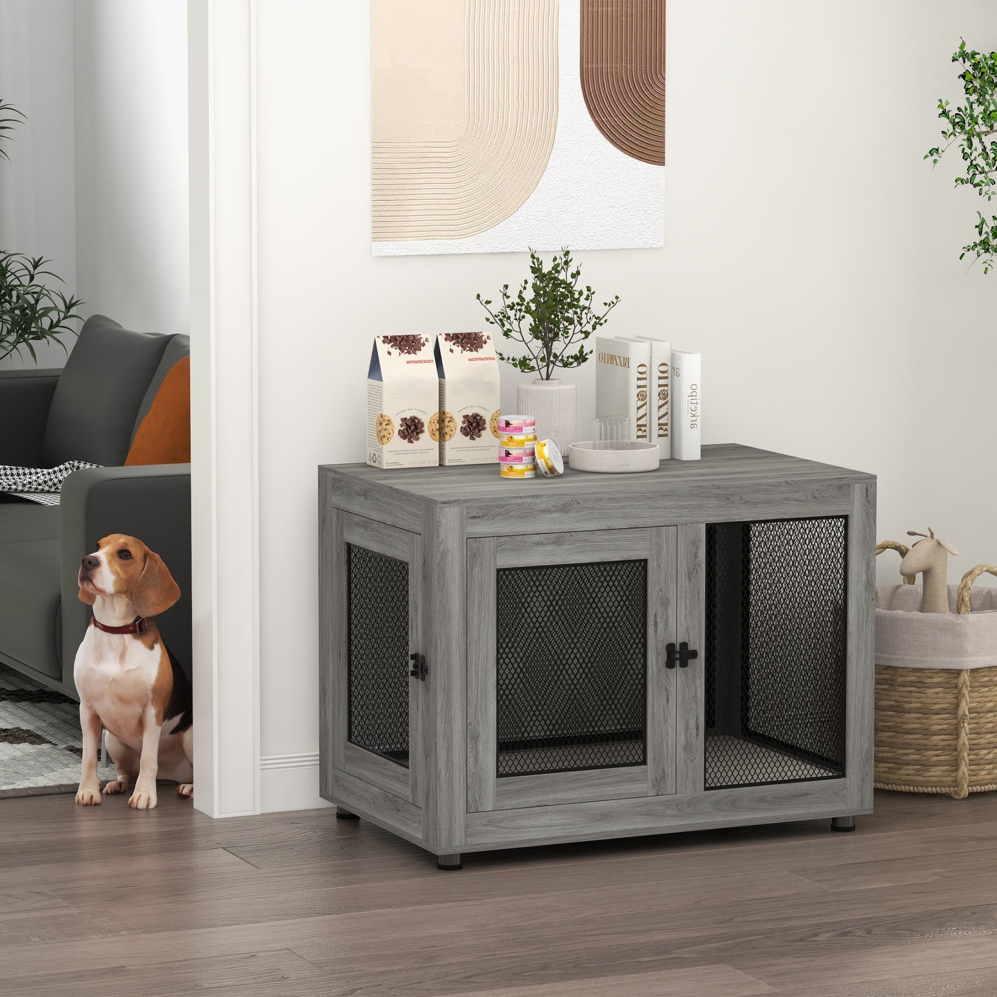 PawHut Hundebox, Welpenbox, mit Ablagefläche, wasserabweisendes Kissen, Stahlgitter, verstellbare Füße, 94x60x71,5 cm