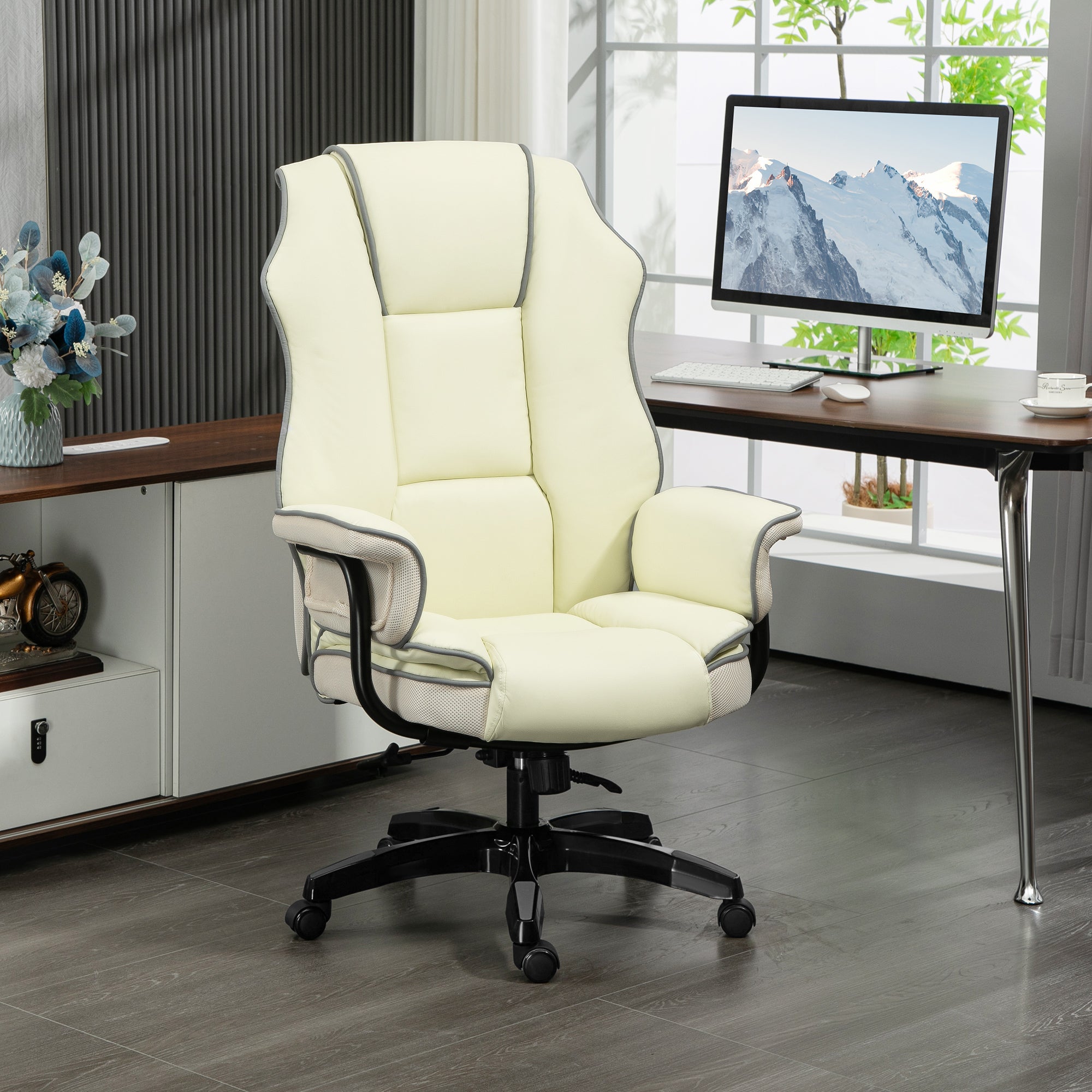 Vinsetto Ergonomischer Bürostuhl, extra gepolstert, Liegefunktion, Kunstleder, 76x80x118-124 cm, Creme