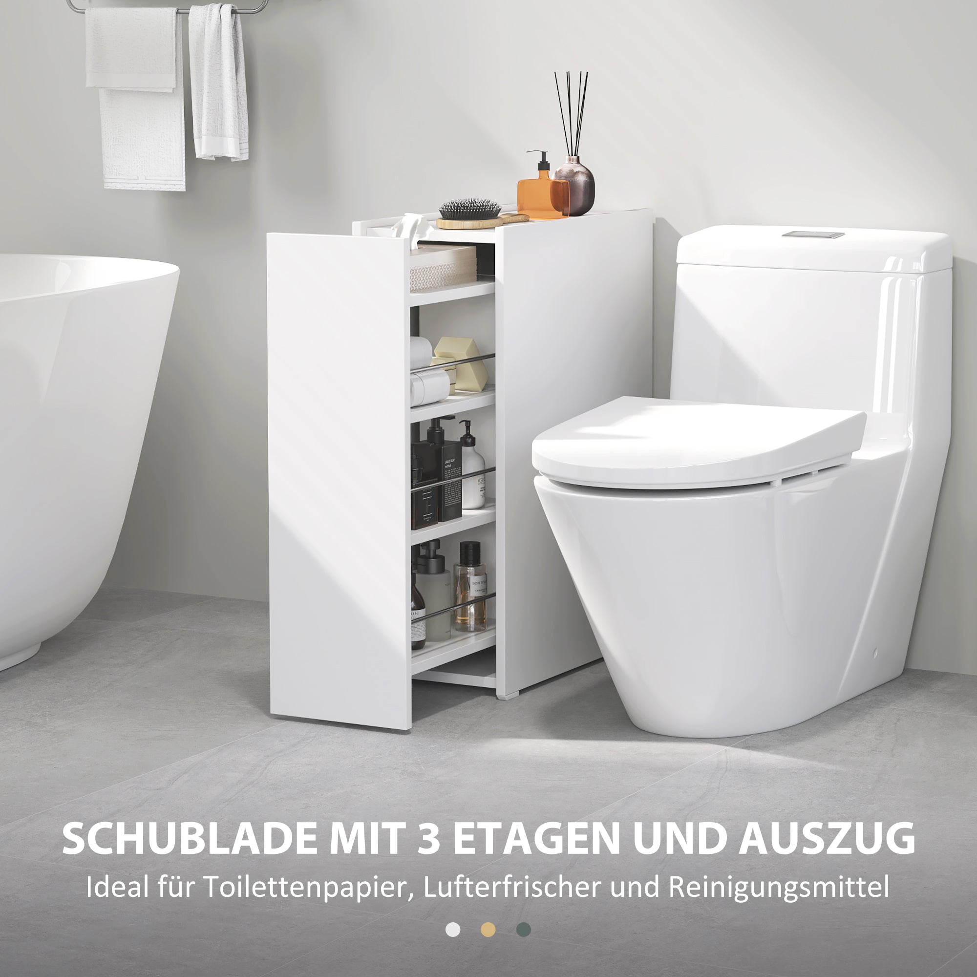 HOMCOM Schmaler Badezimmerschrank, Bodenschrank mit tiefer Schublade, Freistehender Badschrank, Spanplatte, Weiß