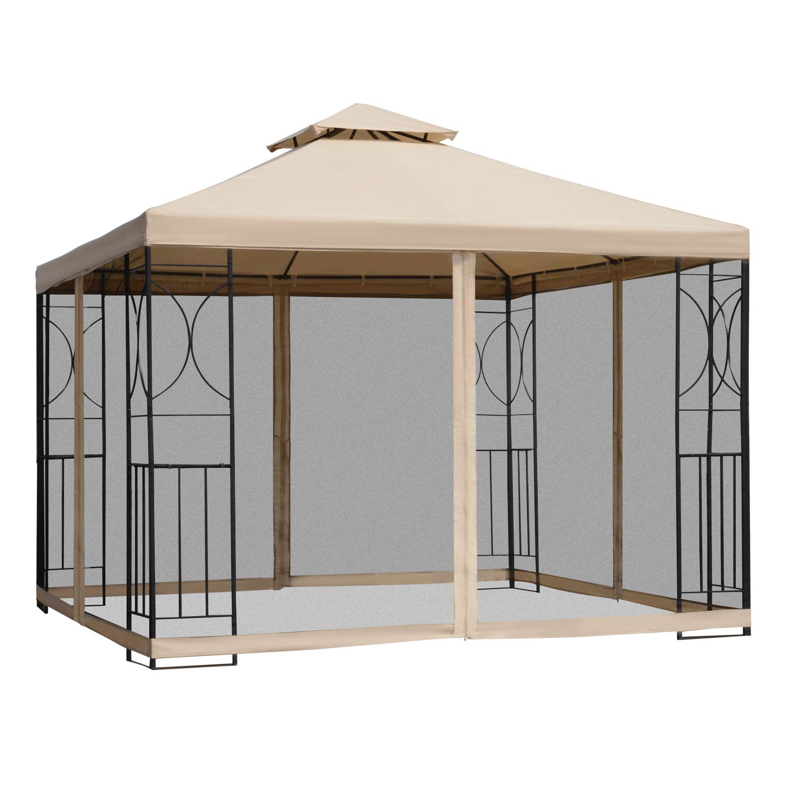 Outsunny Gartenpavillon Pavillon Festzelt Partyzelt wetterfest Zelt mit 4 Ablagen Metall + Polyester Beige 2,98 x 2,98 m