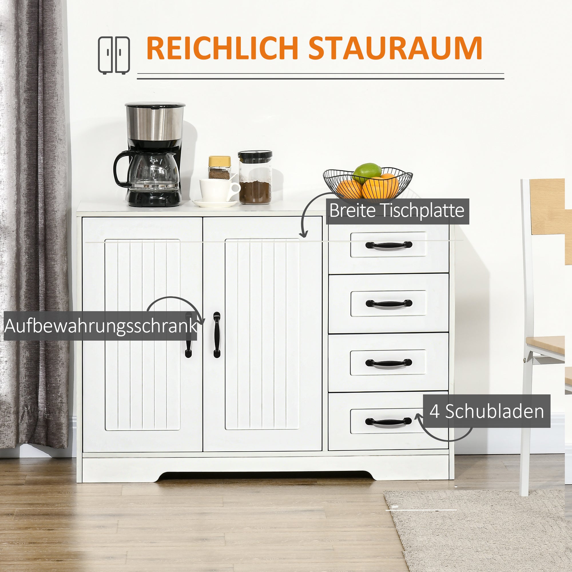 HOMCOM Sideboard Kommode Anrichte, Modernstil, 4 Schubladen, 1 Schrank, 105 cm x 40 cm x 76 cm, Weiß