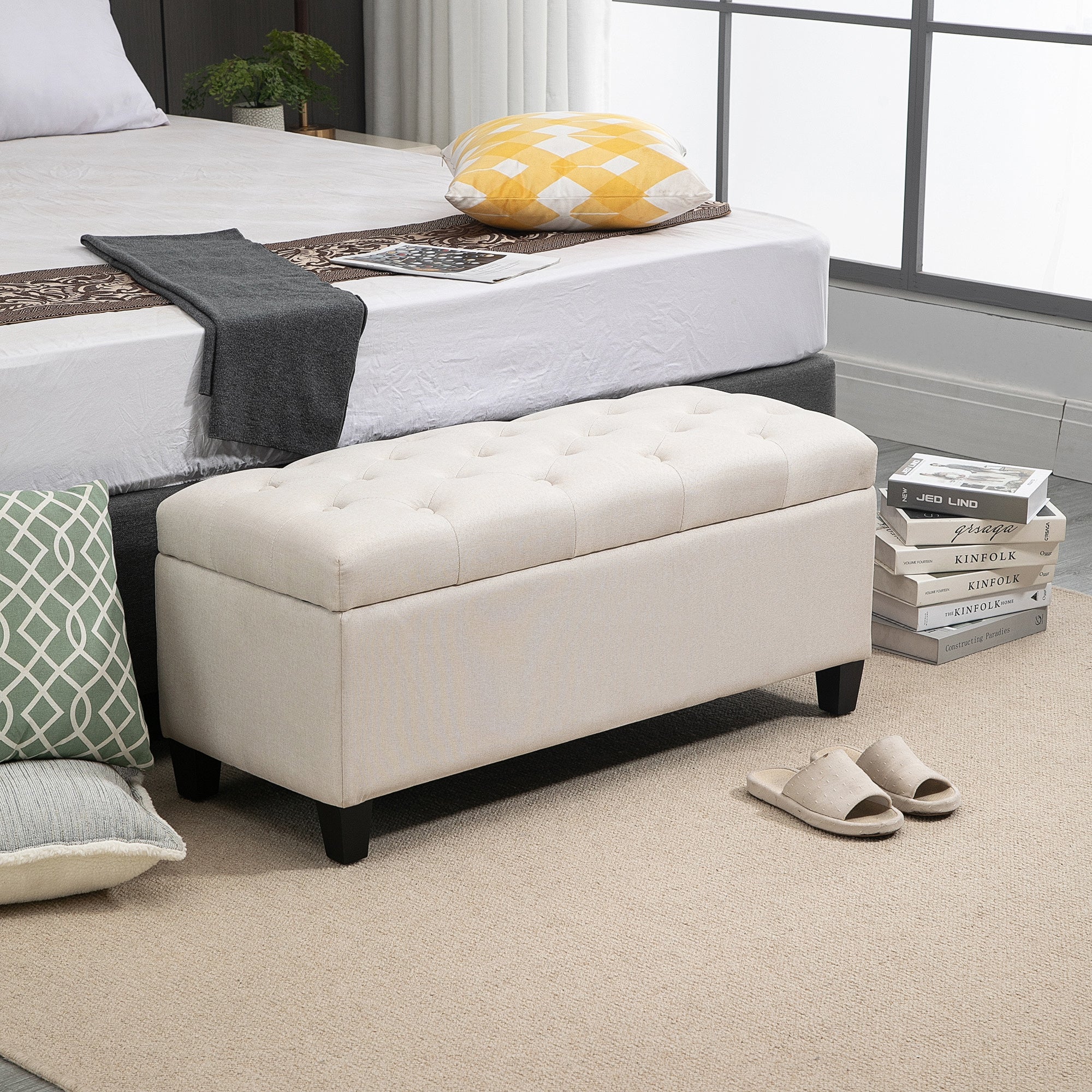 HOMCOM Sitzbank Polsterbank mit Stauraum Truhenbank Flur Schlafzimmer Wohnzimmer leinenartiges Polyester Gummiholz Cremeweiß 100 x 40 x 44 cm