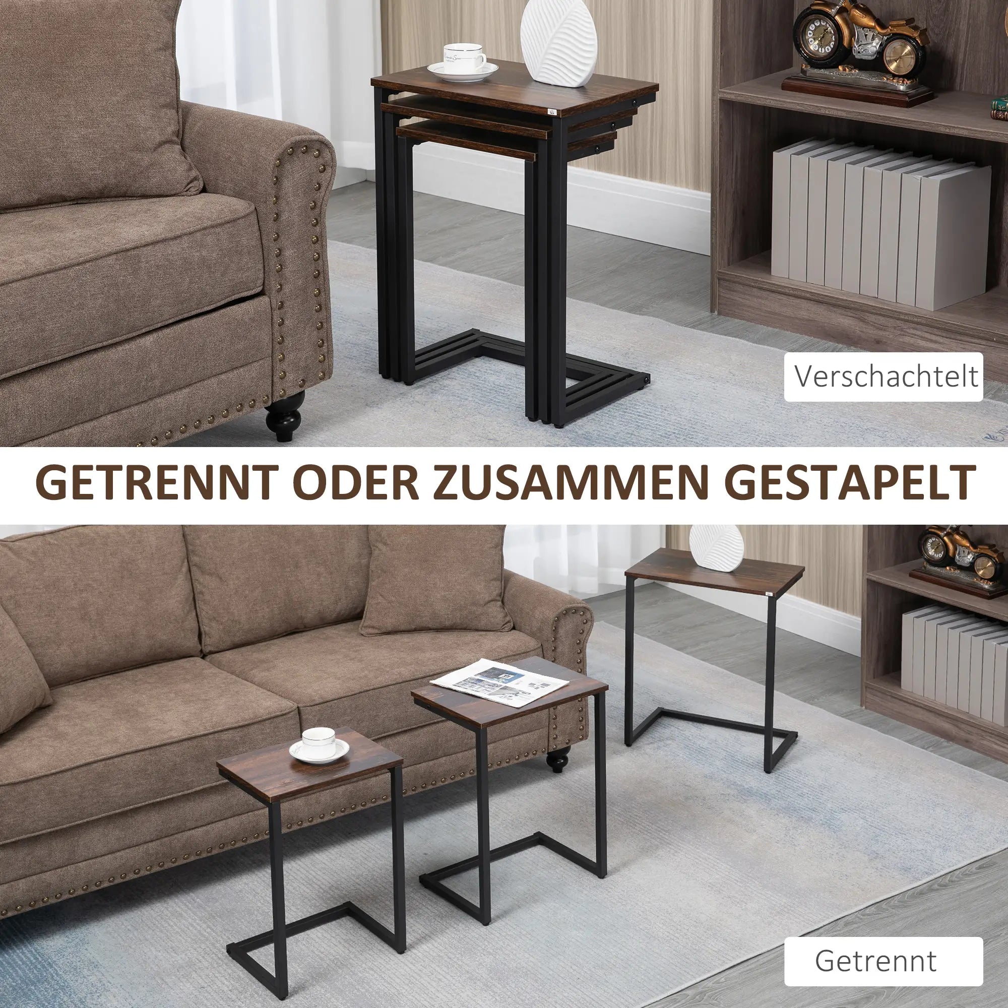 HOMCOM Satztisch, Beistelltisch, 3er-Set, Industrial Design, Stahlrahmen, braun+schwarz, 45 x 30 x 60cm