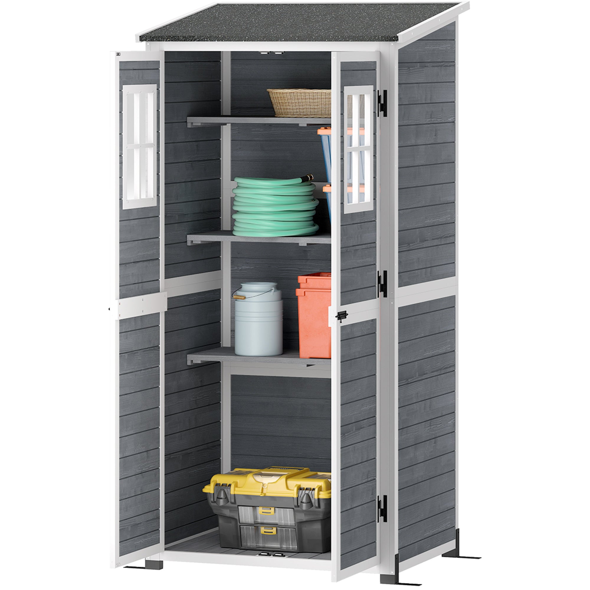 Outsunny Gartenlagerschuppen, Werkzeugschuppen mit 2 Fenstern, Bodenpfähle, Asphalt-Dach, 91 x 69 x 192 cm, Tannenholz, Hellgrau