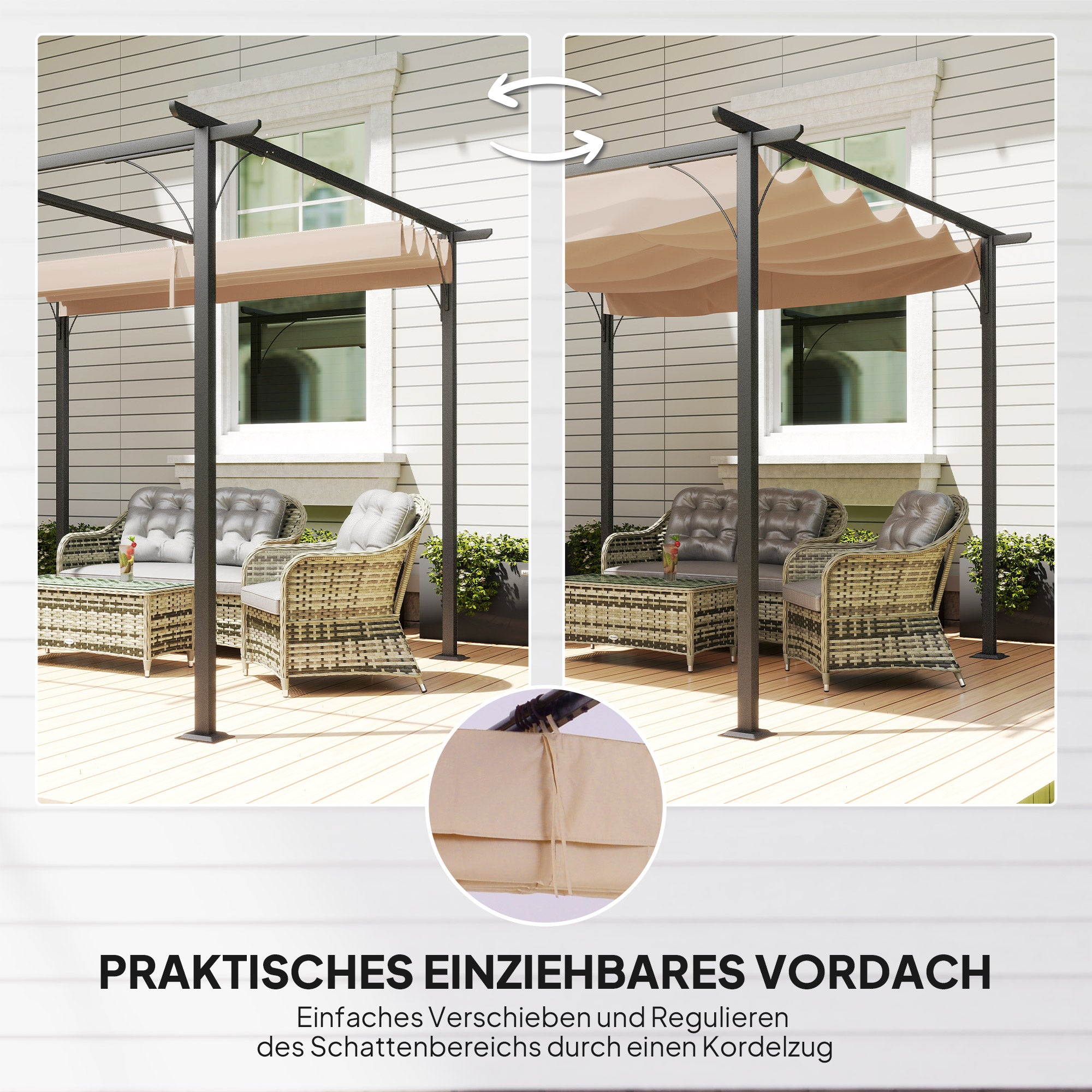 Outsunny Pergola Wasserdichter Pavillon 3 x 3 m Terrassenüberdachung mit Schiebedach, UV-Schutz für Garten Beige