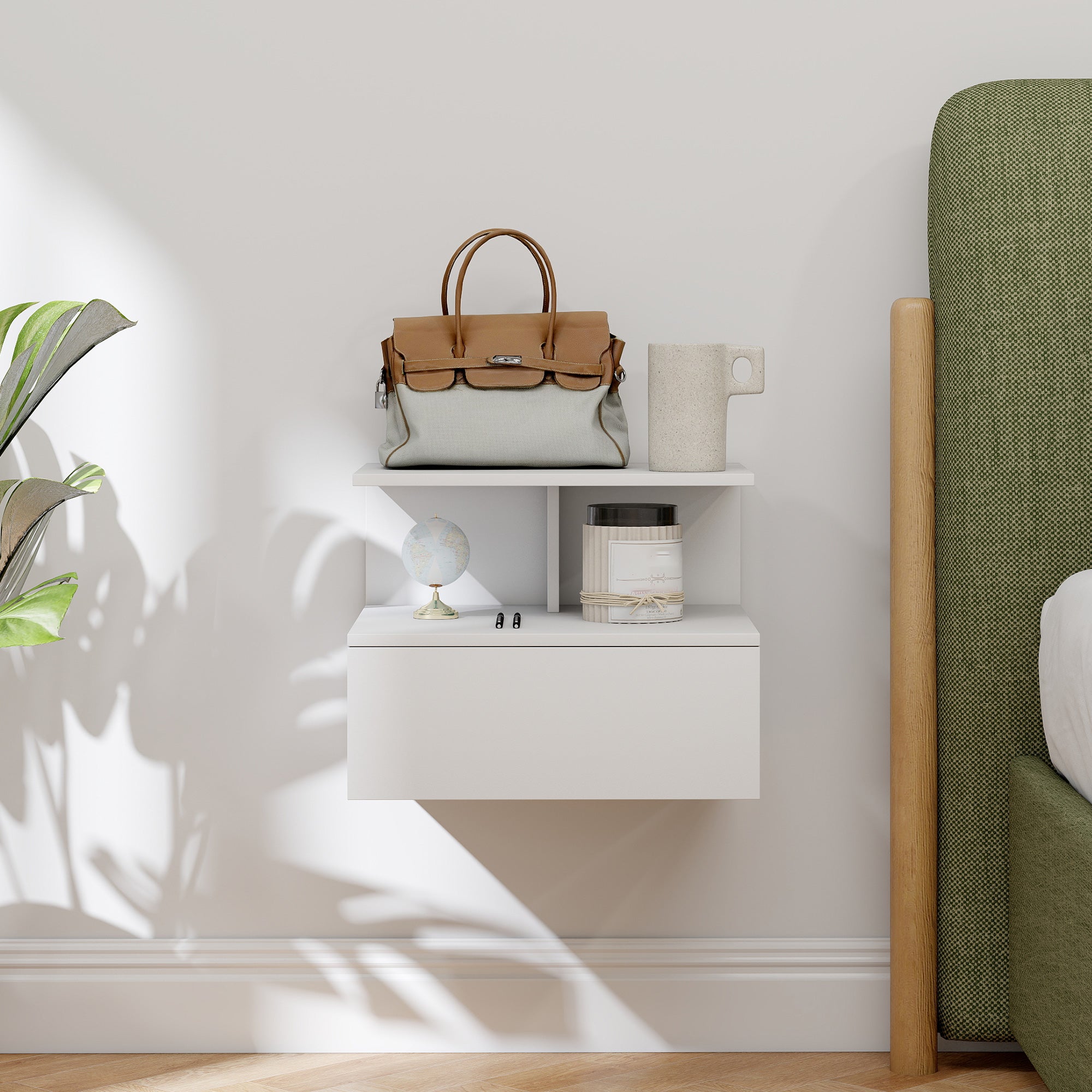 HOMCOM Nachttisch hängend Beistelltisch mit Schublade, offenes Fach Weiß, 39,8 x 35 x 31,6 cm