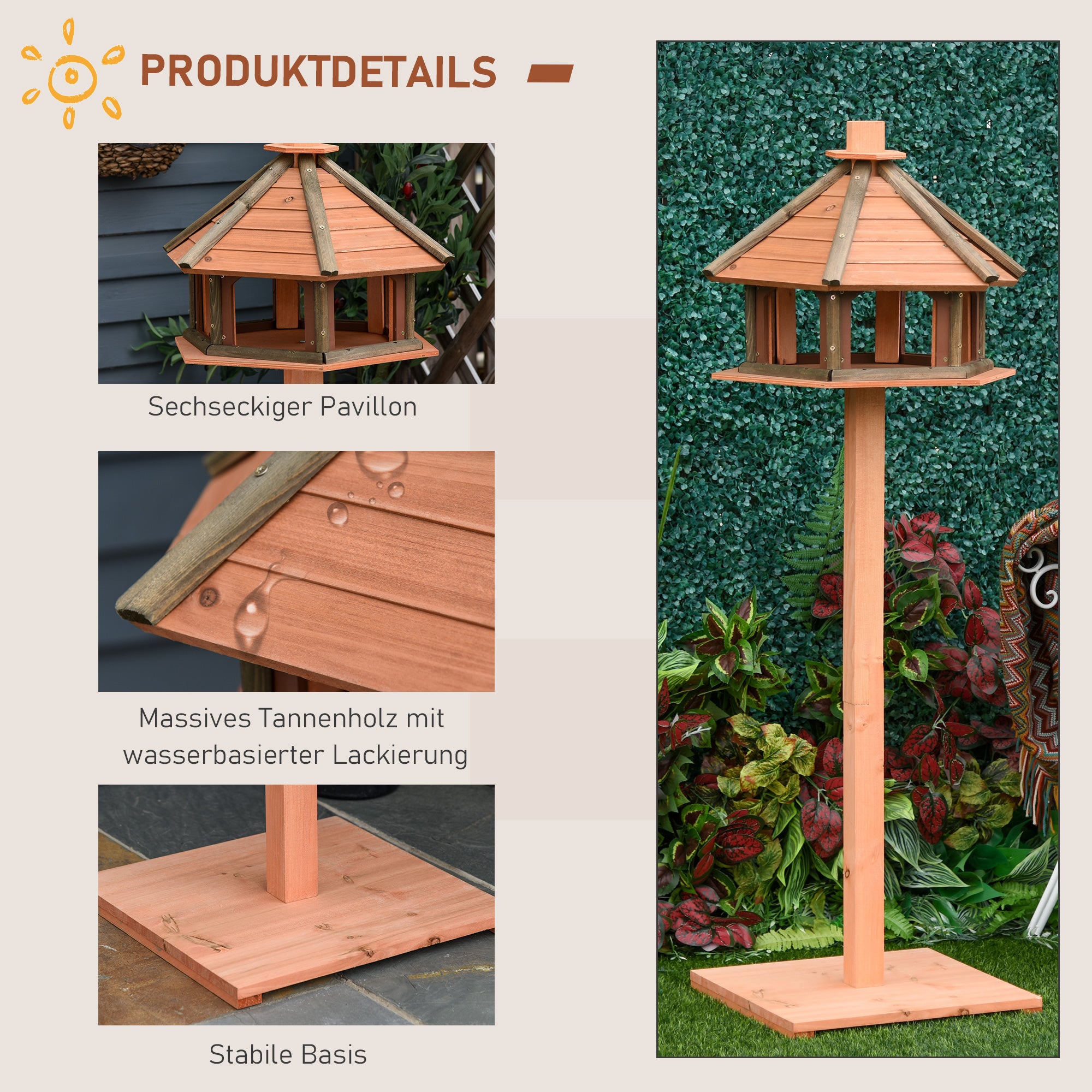 PawHut Vogelhaus mit Ständer wetterfestes Vogelfutterhaus mit wetterfestem Dach Futterhaus aus Holz für Wildvögel Ø52 x 130H cm Natur