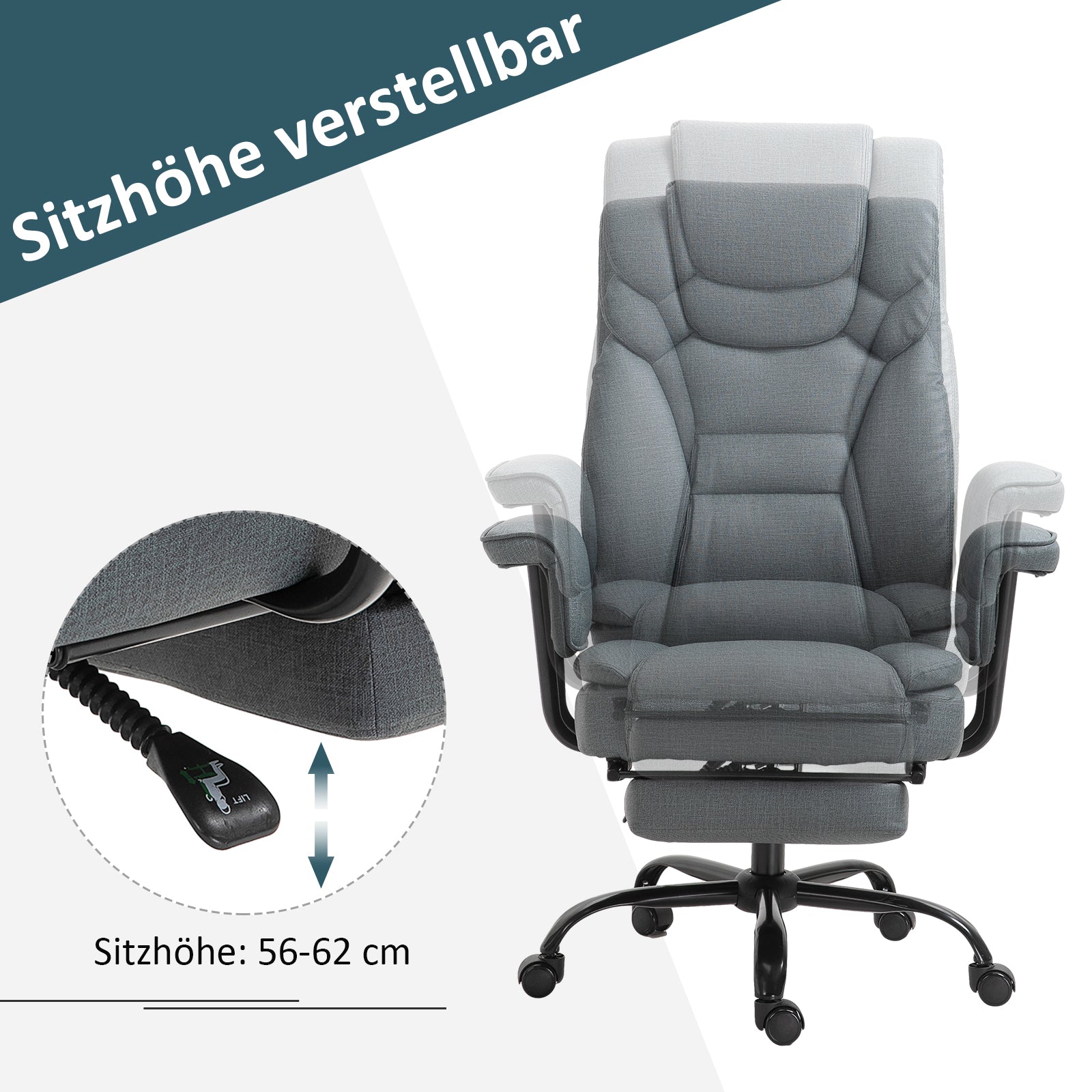 Vinsetto Bürostuhl Ergonomischer Chefsessel 360° Drehbar Computerstuhl höhenverstellbar mit Kopfstütze und gepolsterte Armlehnen mit Fußstütze Kunstleder 68 x 80 x 120–126 cm