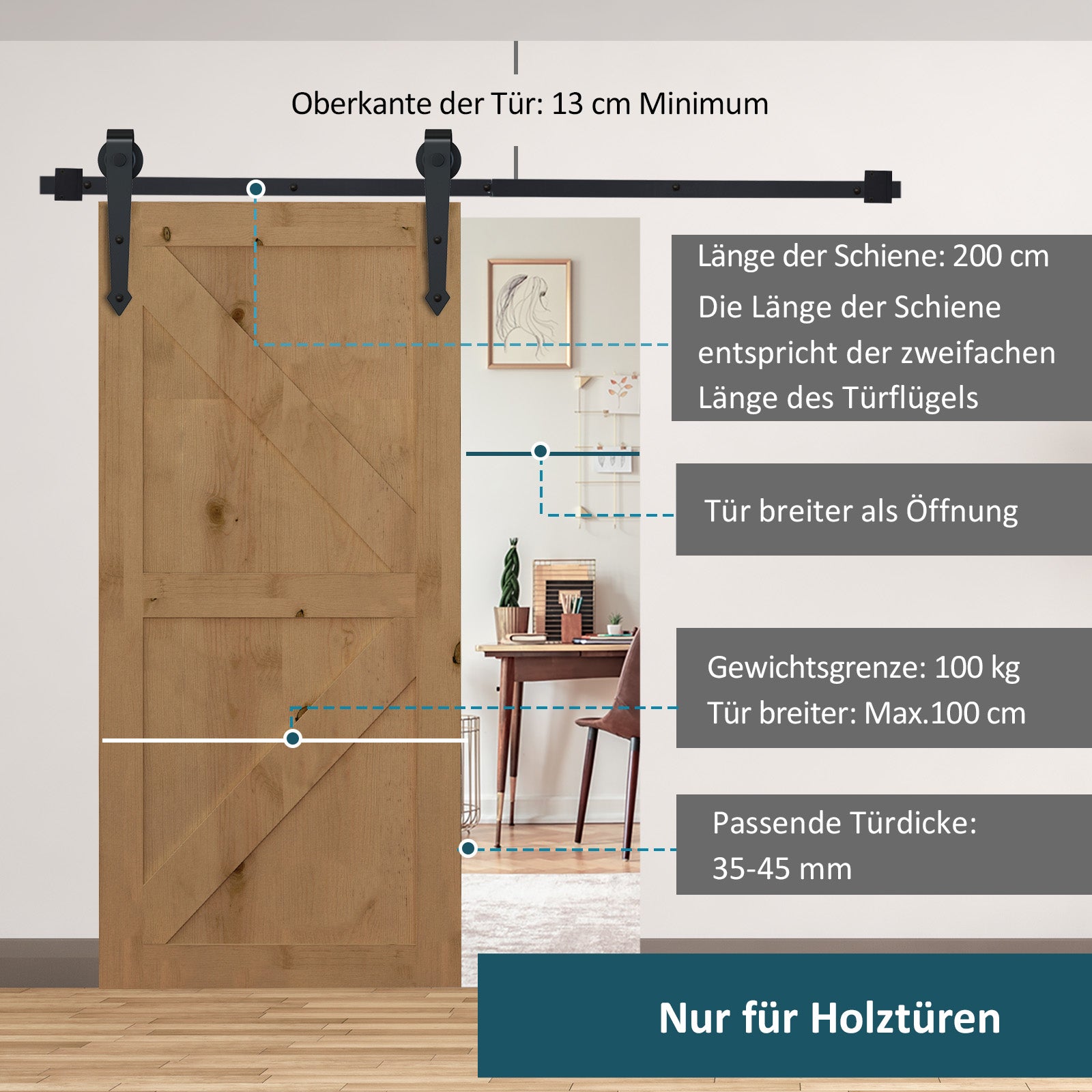 HOMCOM Schiebetür-Kit, rustikales Design, Kohlenstoffstahl, trägt bis zu 100 kg pro Paneel