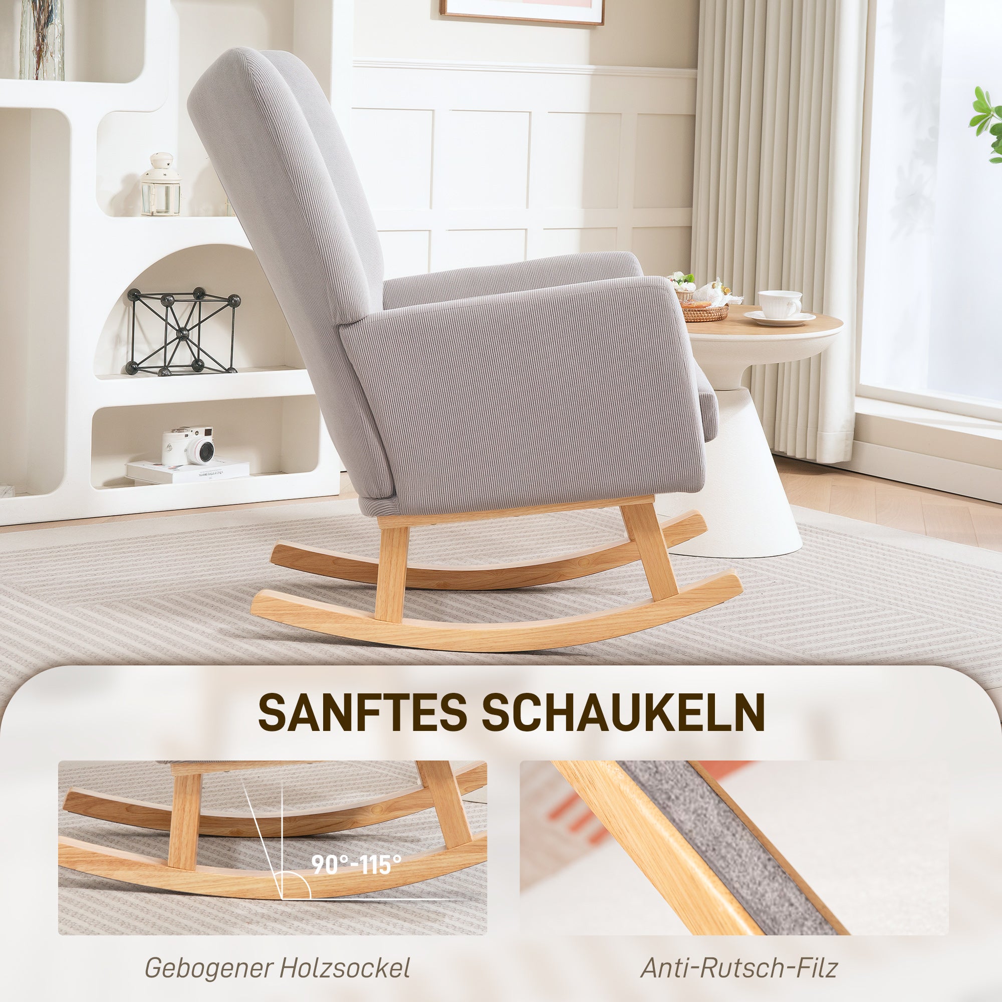 HOMCOM Schaukelstuhl im Retro-Design, Cordbezug, Kautschukholz, Schaumstoff-Füllung, hohe Rückenlehne, Polstersessel, Hellgrau