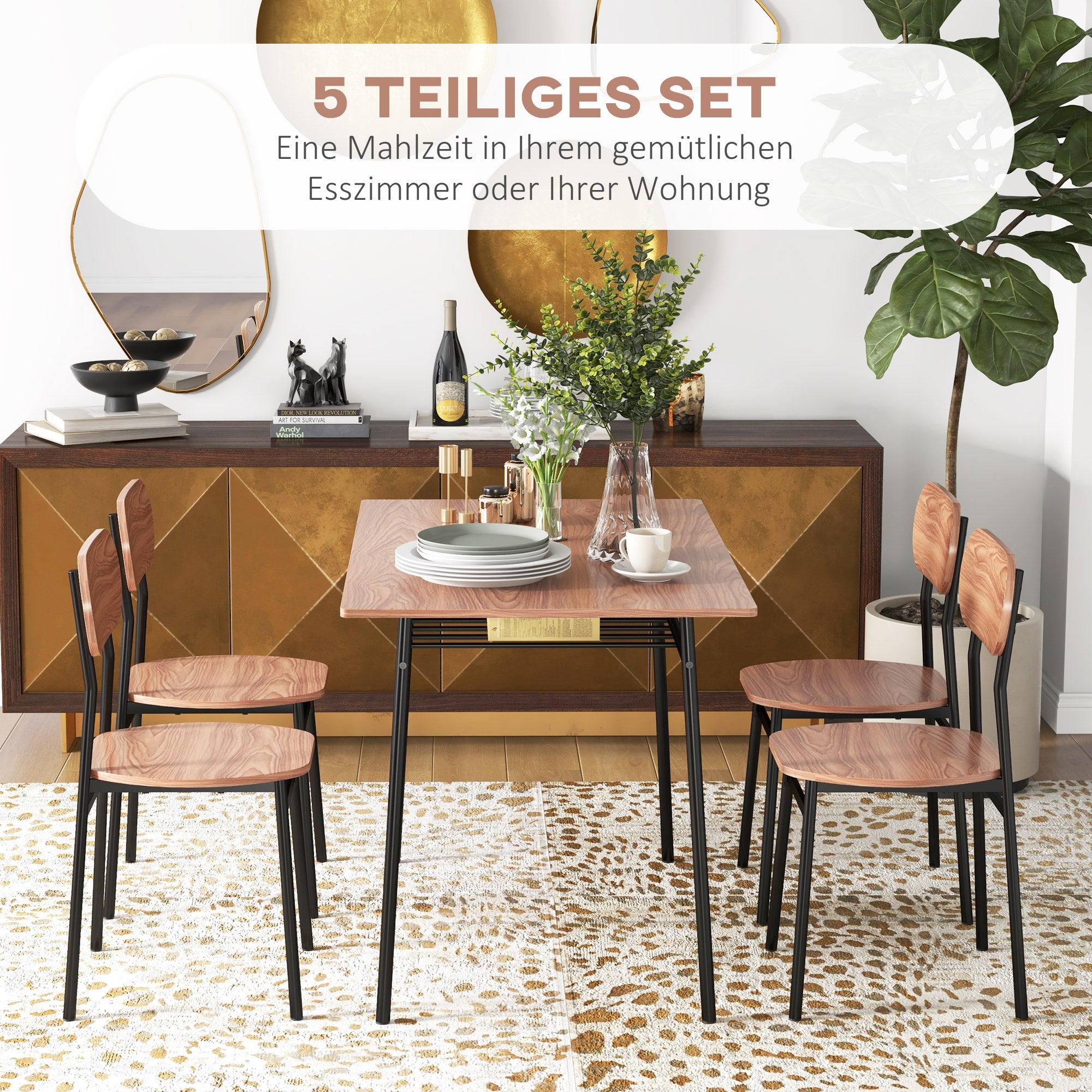 HOMCOM Essgruppe Tisch mit Stühlen Esszimmertisch, Industriedesign, 110 cm x 70 cm x 75 cm, Braun