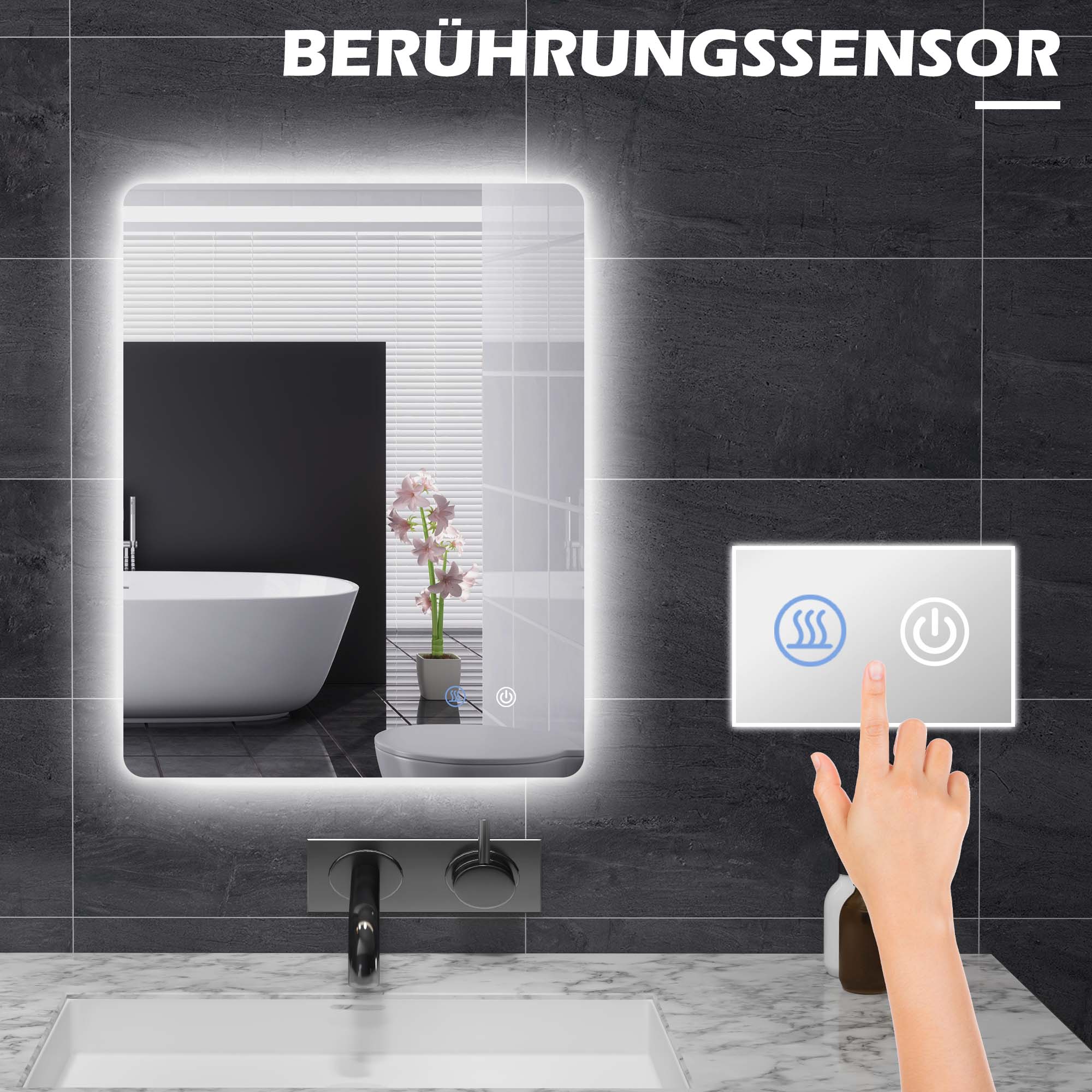 kleankin LED-Badezimmerspiegel, Antibeschlag, Touch-Schalter, Hintergrundbeleuchtung, 70 x 50 cm, Weiß