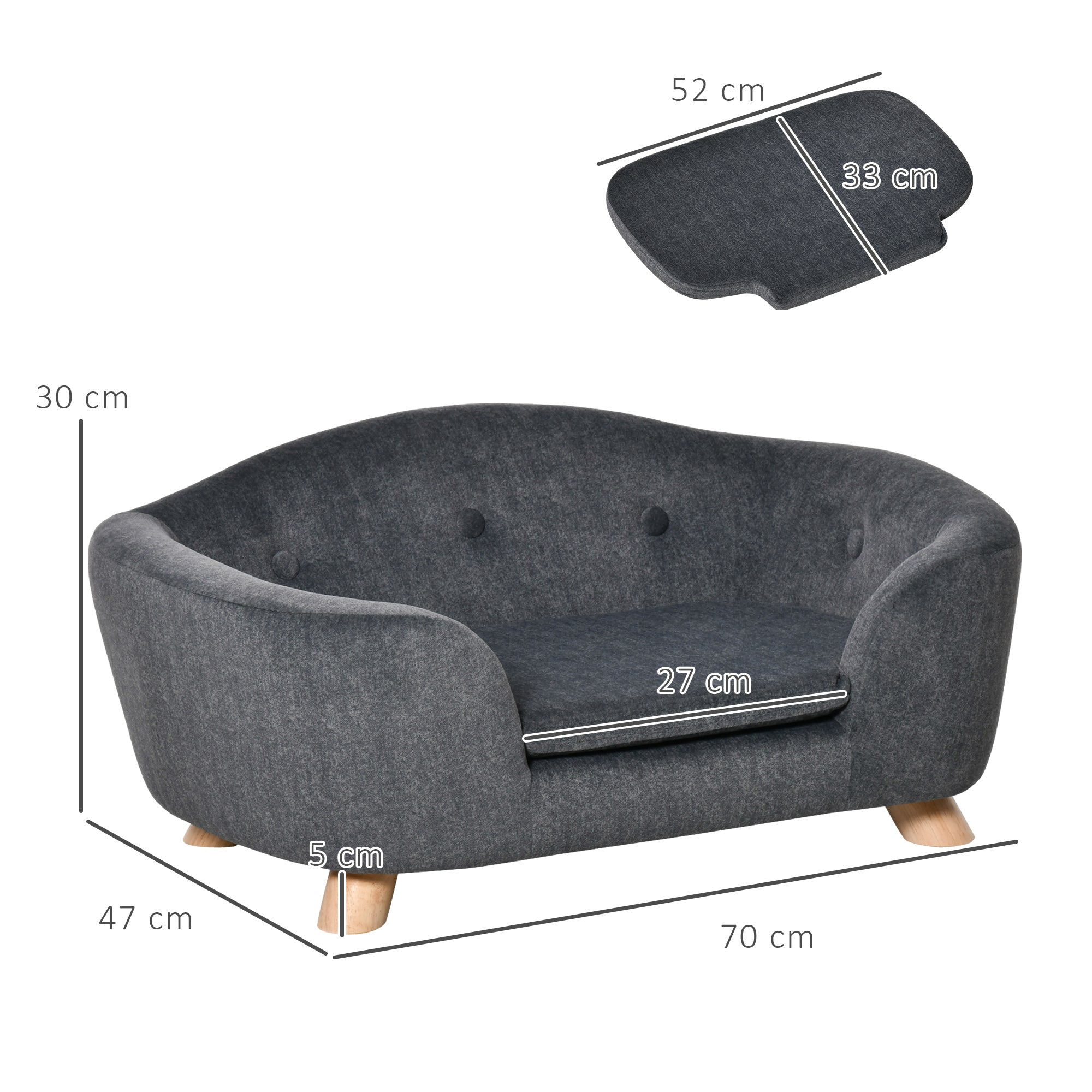 PawHut Haustiersofa Hundematte Hundebett Hundesofa Hundecouch Katzen Sofa mit Kissen Rückentasche Plüsch Schaumstoff Kiefernholz Dunkelgrau 70 x 47 x 30 cm