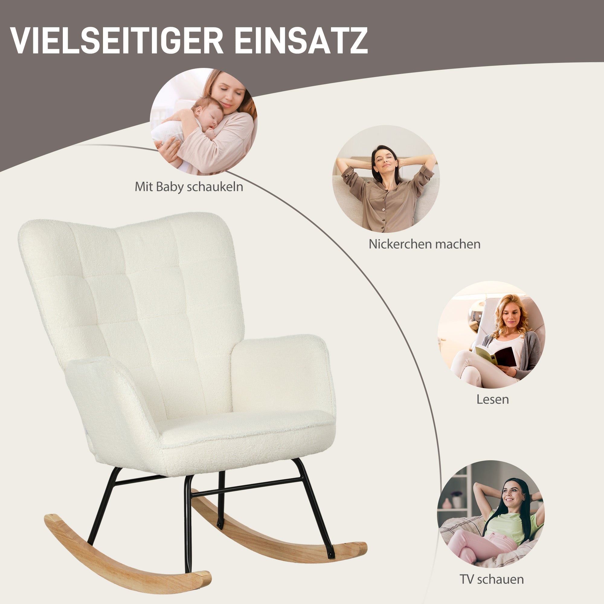 HOMCOM Schaukelstuhl in Vliesoptik mit Armlehnen, Ergonomischer Sessel mit Holzkufen, für Wohnzimmer, Schlafzimmer, Weiß