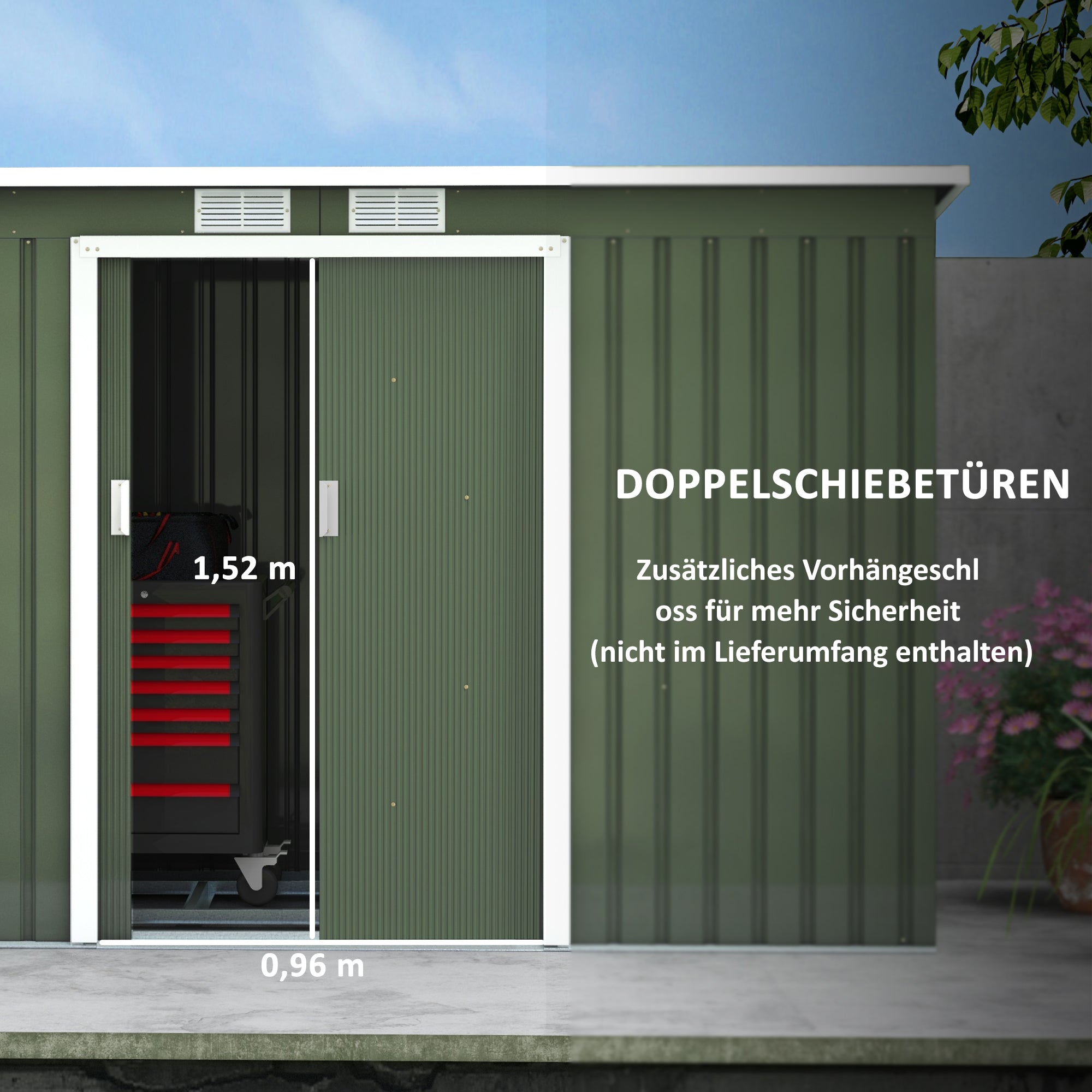 Outsunny Metall Gerätehaus 6,3m³ 280x130x172cm Geräteschuppen mit Pultdach Schiebetür wetterfest Gartenhaus Outdoor Garten Schuppen Schrank für Hinterhof Außenbereich Anthrazit, Hellgrün