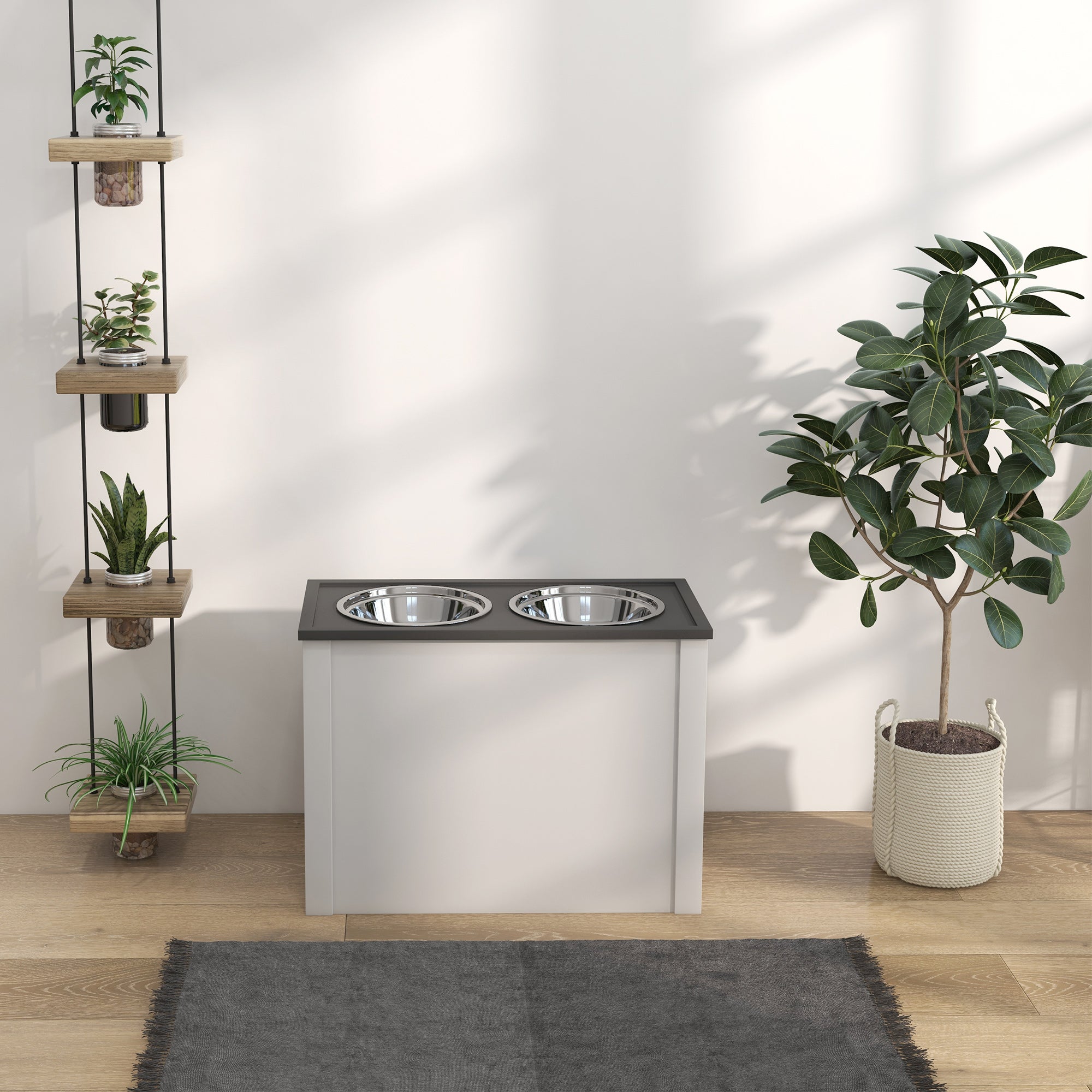 PawHut Futterstation Erhöhte Fressnäpfe 1 Stauraum 2 Edelstahl-Futternäpfe, 60 x 30 x 42cm, Weiß + Grau