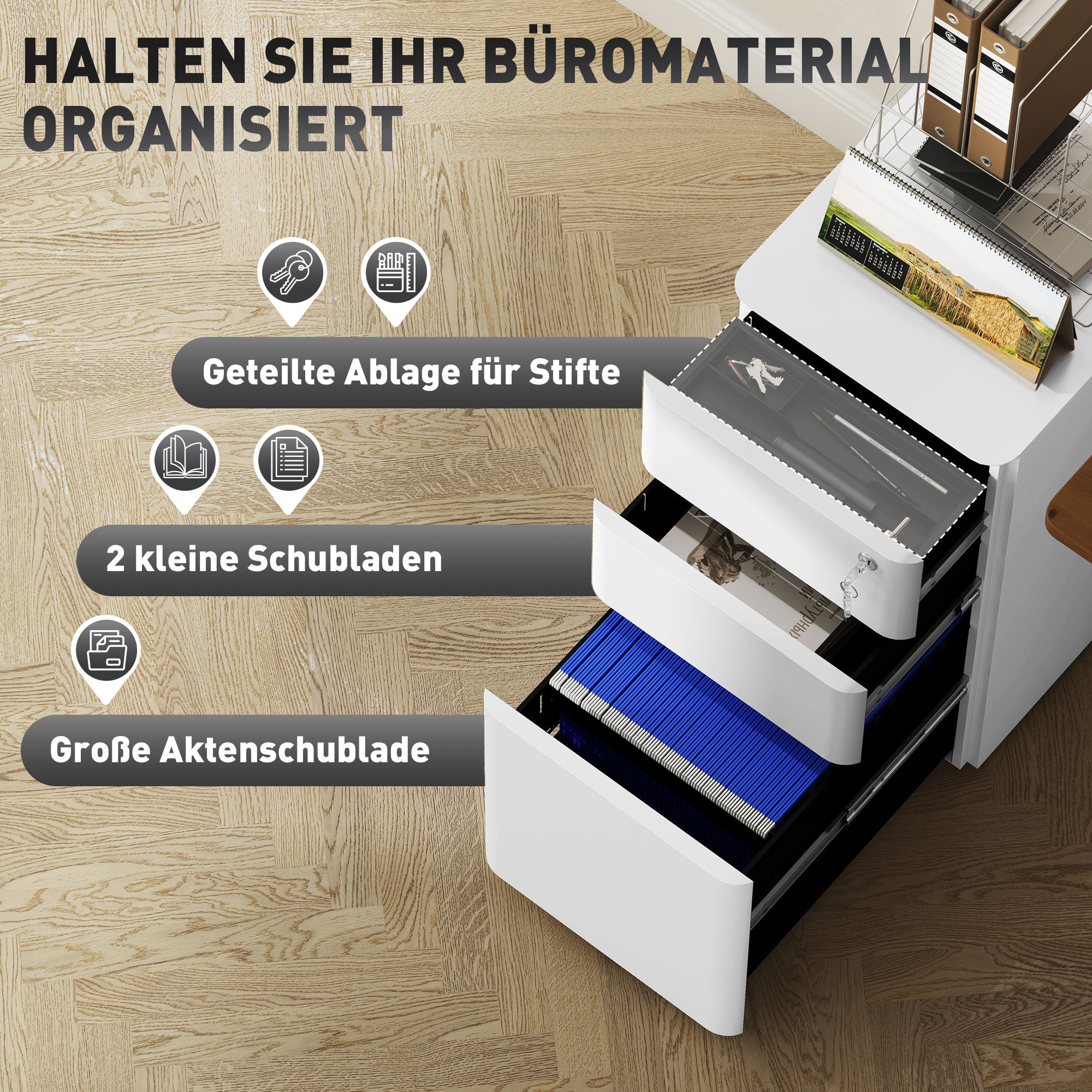 Vinsetto Aktenschrank aus Metall, Büroschrank, 3 Schubladen, rollbar, Weiß