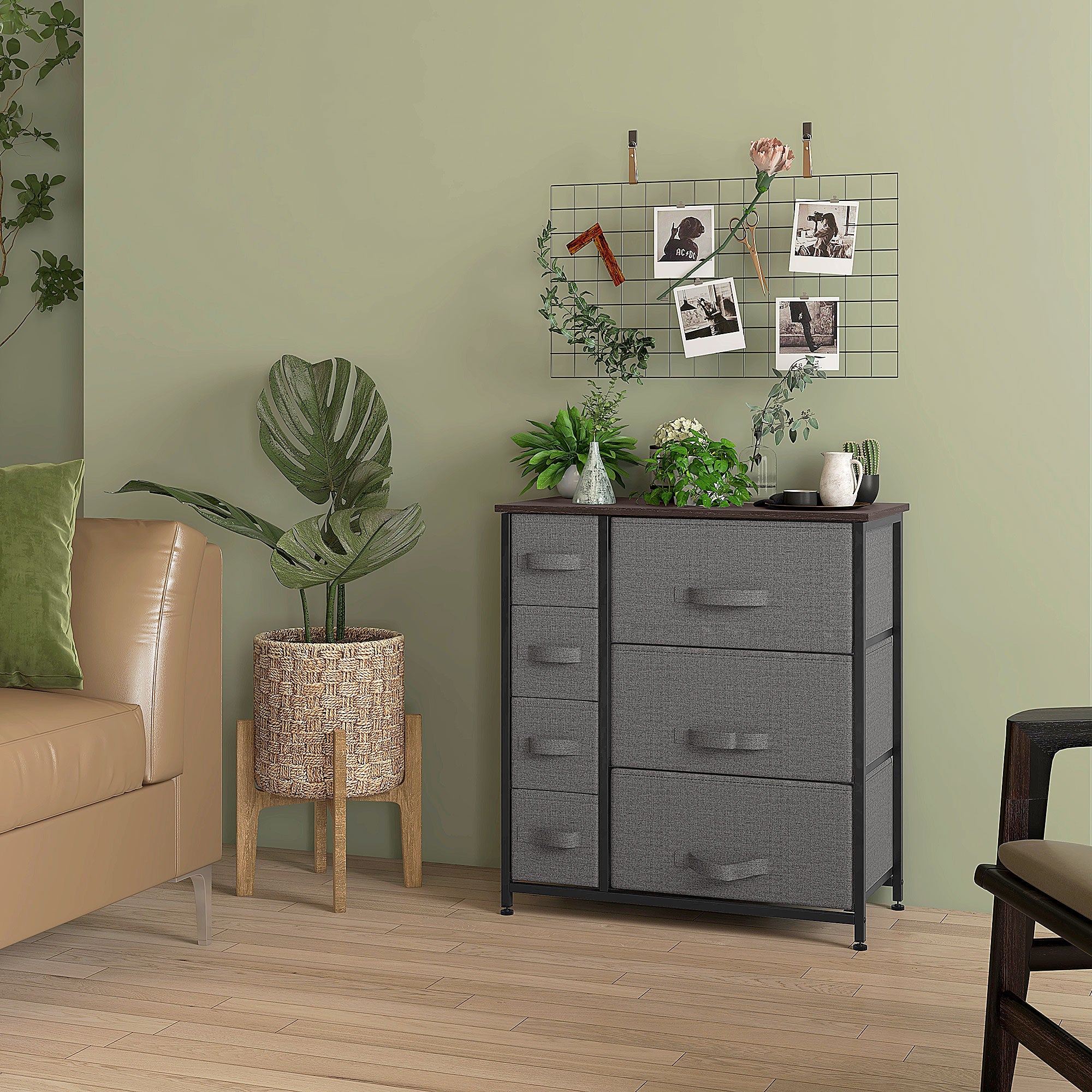 HOMCOM Kommode mit 7 faltbaren Stoffschubladen, Vlies, Metallgestell, 63,5 x 30 x 71 cm, Dunkelgrau