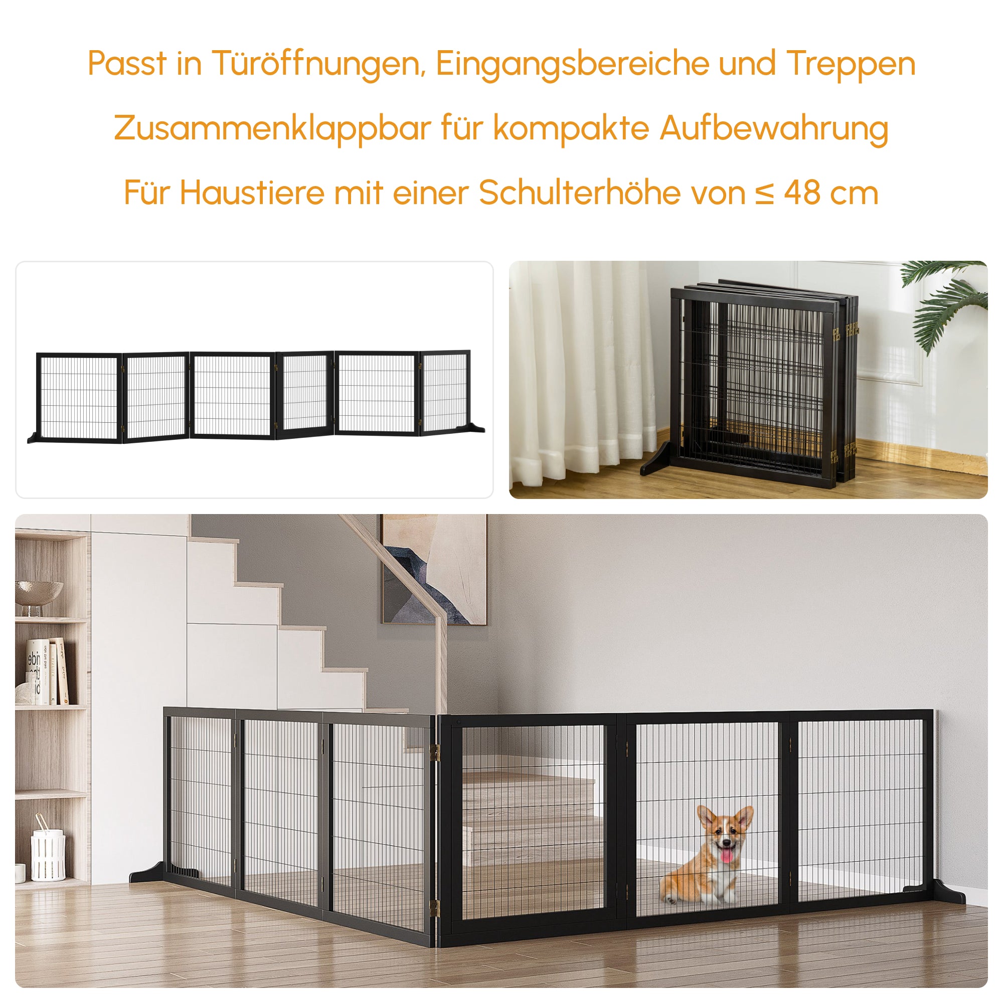 PawHut Absperrgitter für Hunde klappbar 432 x 36 x 70cm Kiefernholz Schwarz