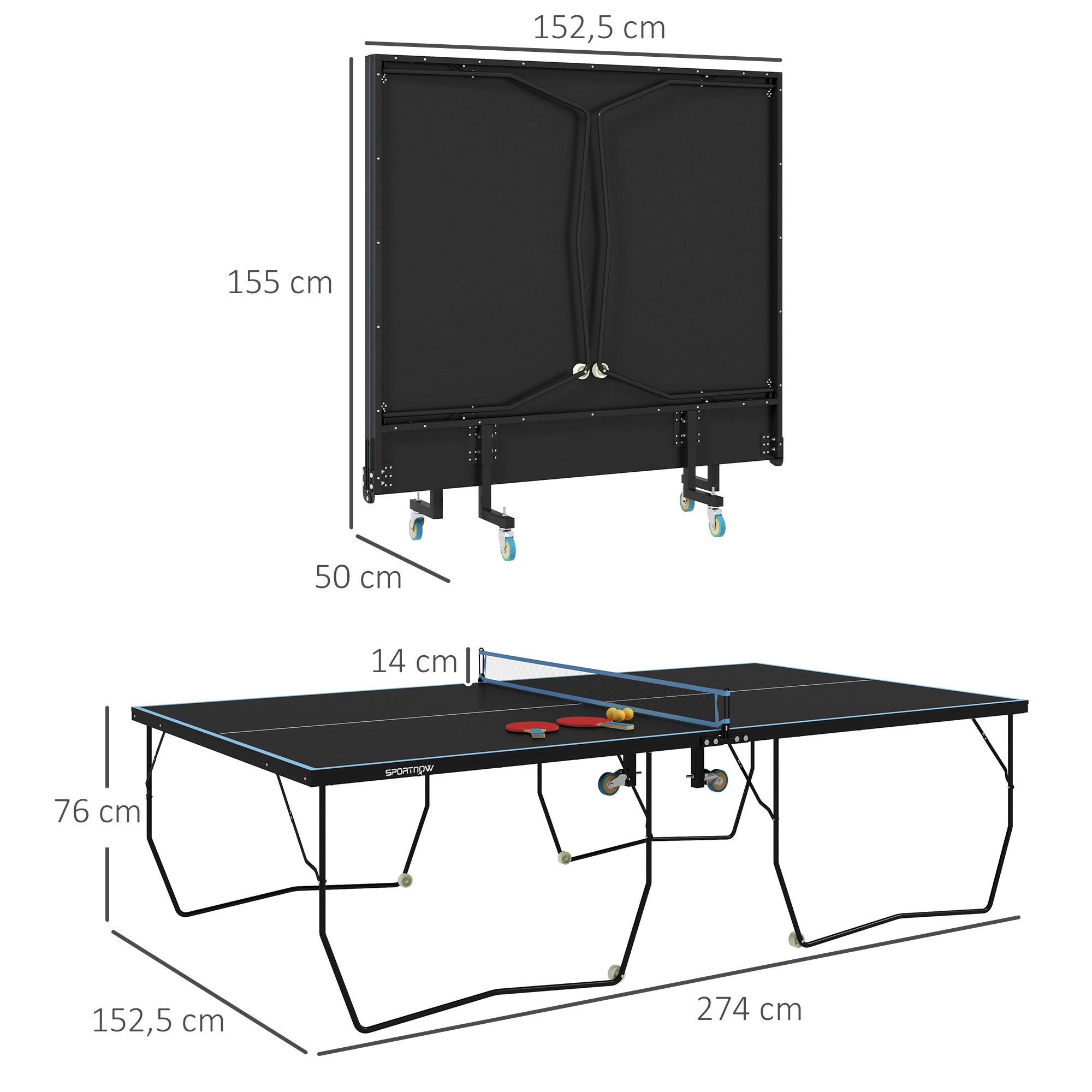 SPORTNOW Tischtennisplatte, klappbar, 8 Räder, pulverbeschichteter Stahlrahmen, MDF, 274 x 152,5 x 76 cm, Schwarz