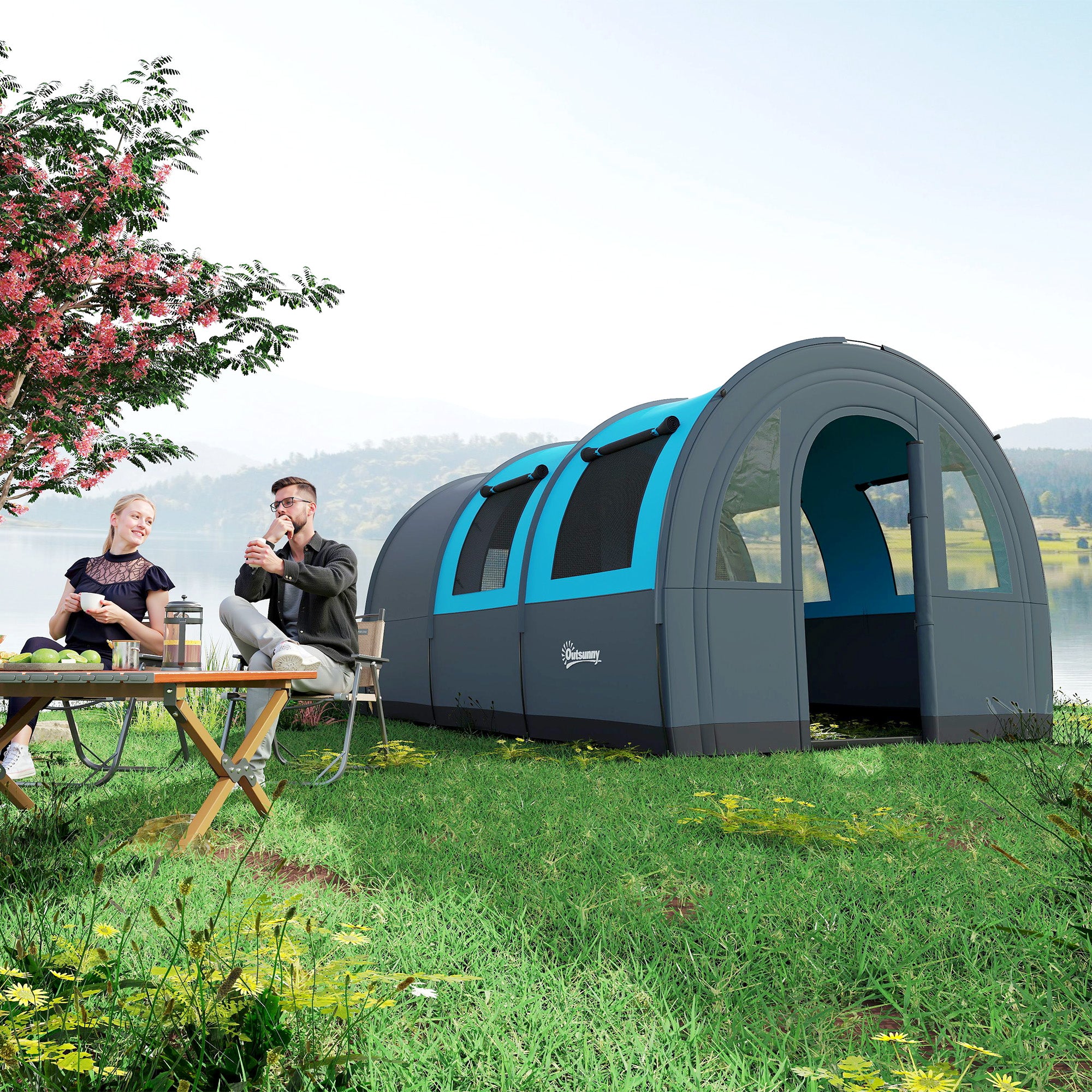 Outsunny Campingzelt bis 6 Pers., Familienzelt, separate Bereiche, wasserdicht, Grau/Blau