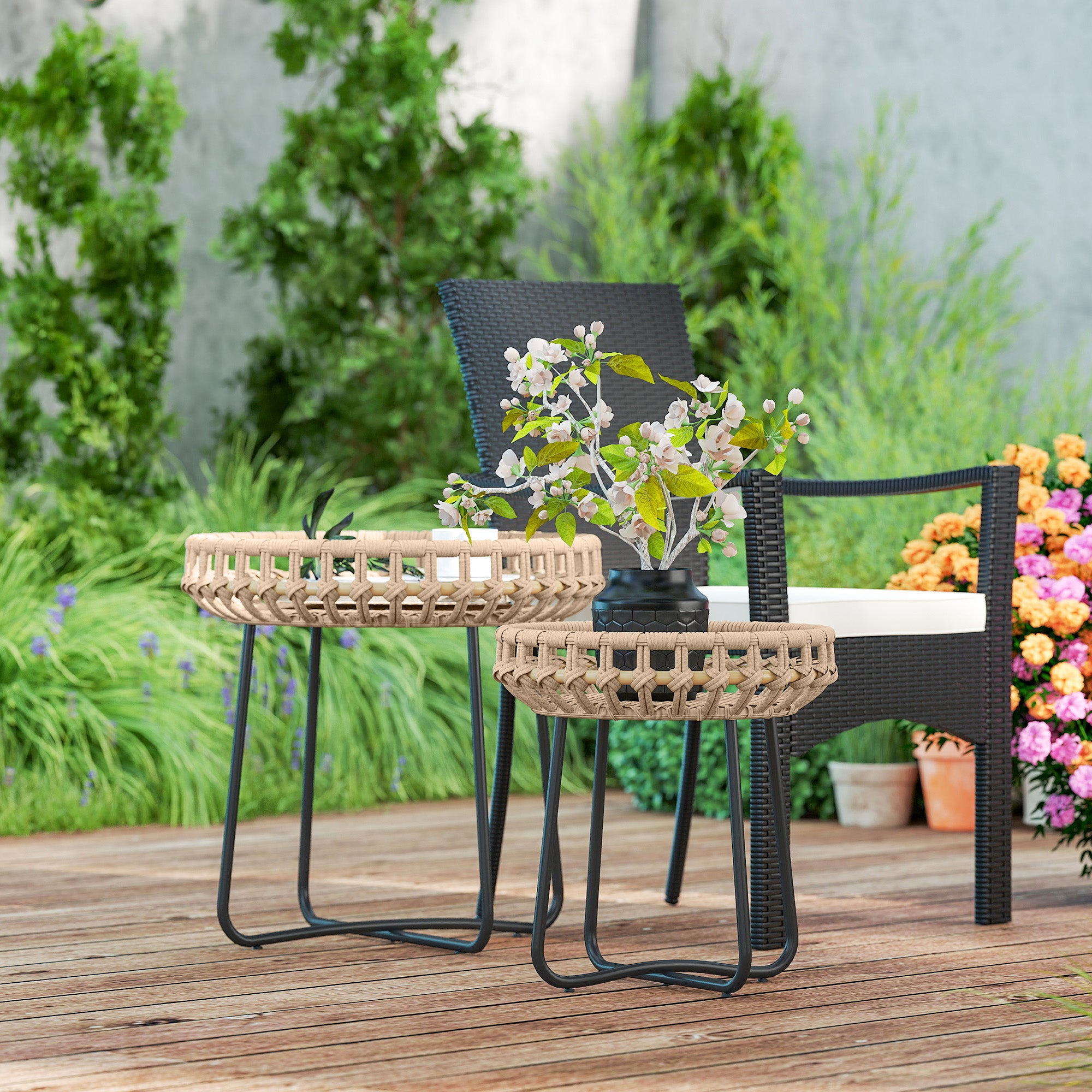 Outsunny 2er Set Beistelltisch Polyrattan Ø60/41 cm rund wetterfest Gartentisch mit X-Beine Verstellbare Fußpads Braun