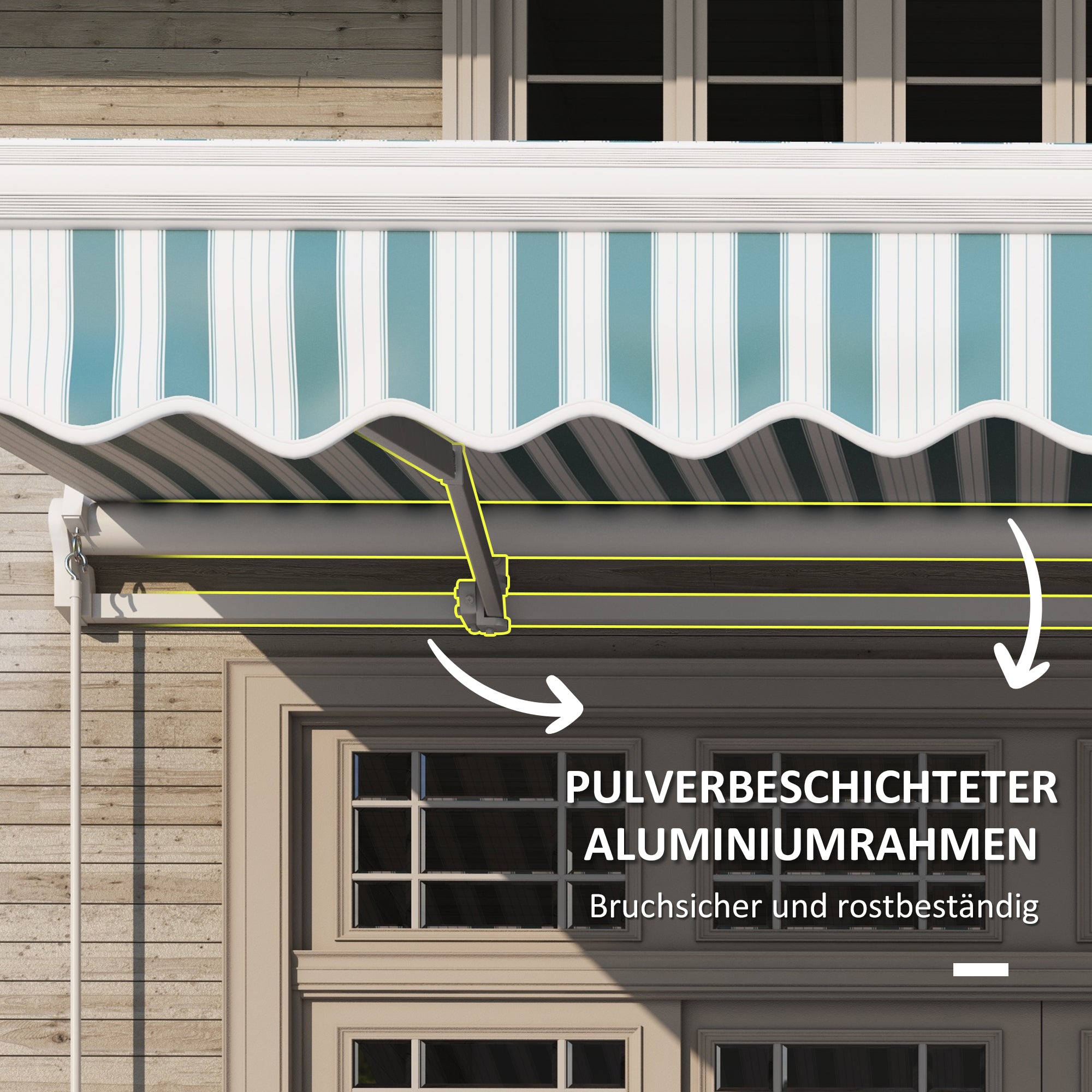 Outsunny Markise, Sonnenschutz, einfahrbar, mit Handkurbel, Metallrahmen, Polyester, weiß+grün, 3,95 x 2,45 m