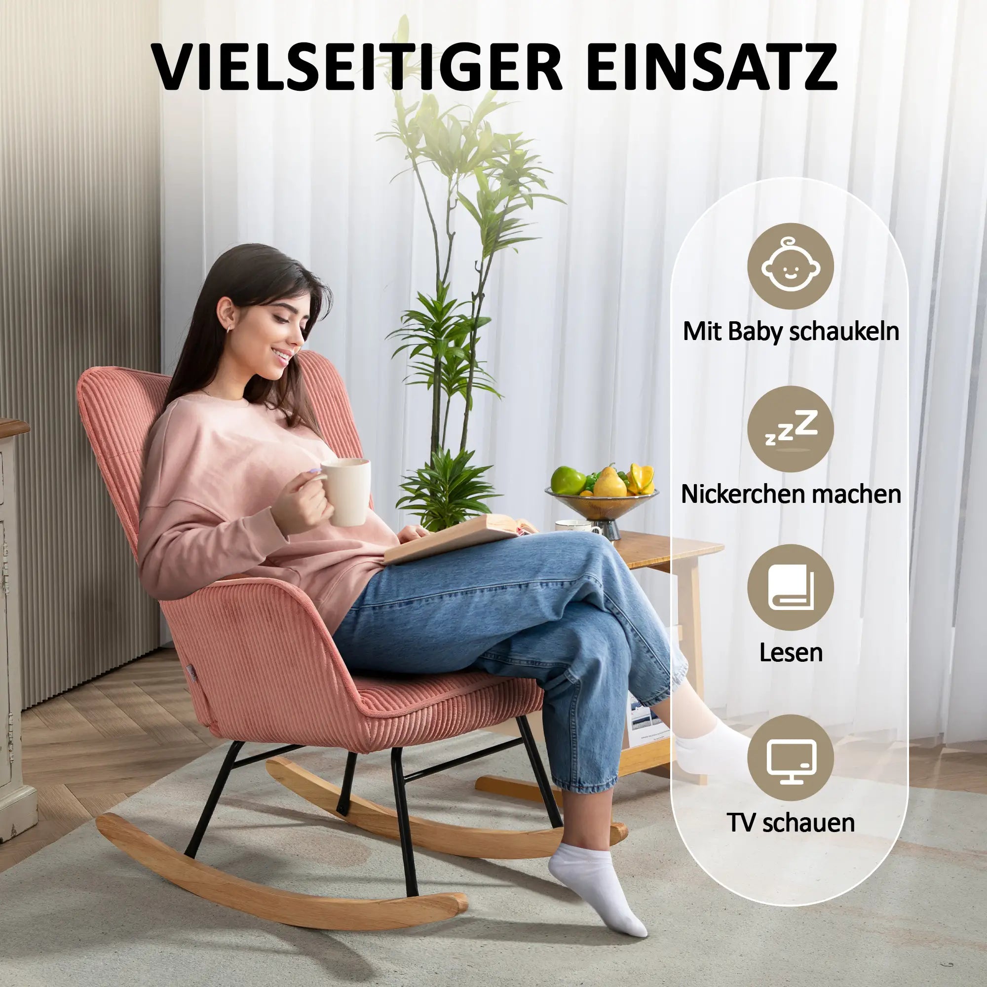 HOMCOM Schaukelstuhl, Relaxsessel, Schaukelsessel, belastbar bis 120 kg, Polyester, 98 x 71 x 101 cm, Rosa