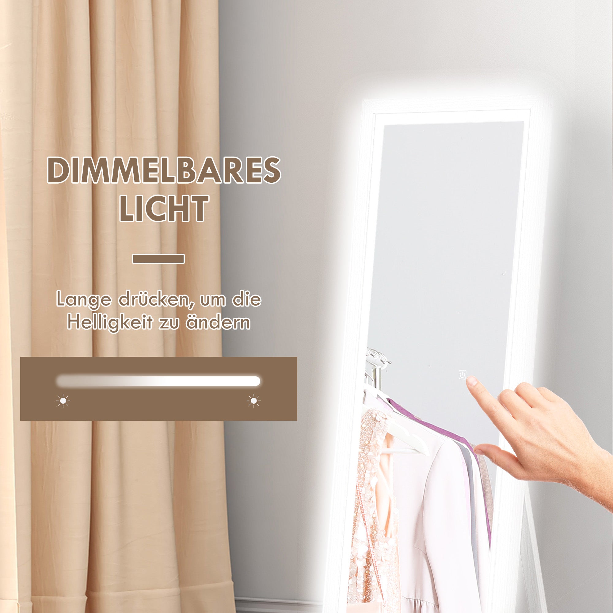 HOMCOM Ganzkörperspiegel, 40x160 cm, LED-Beleuchtung, Touch-Steuerung, dimmbar, 3 Farben, Weiß