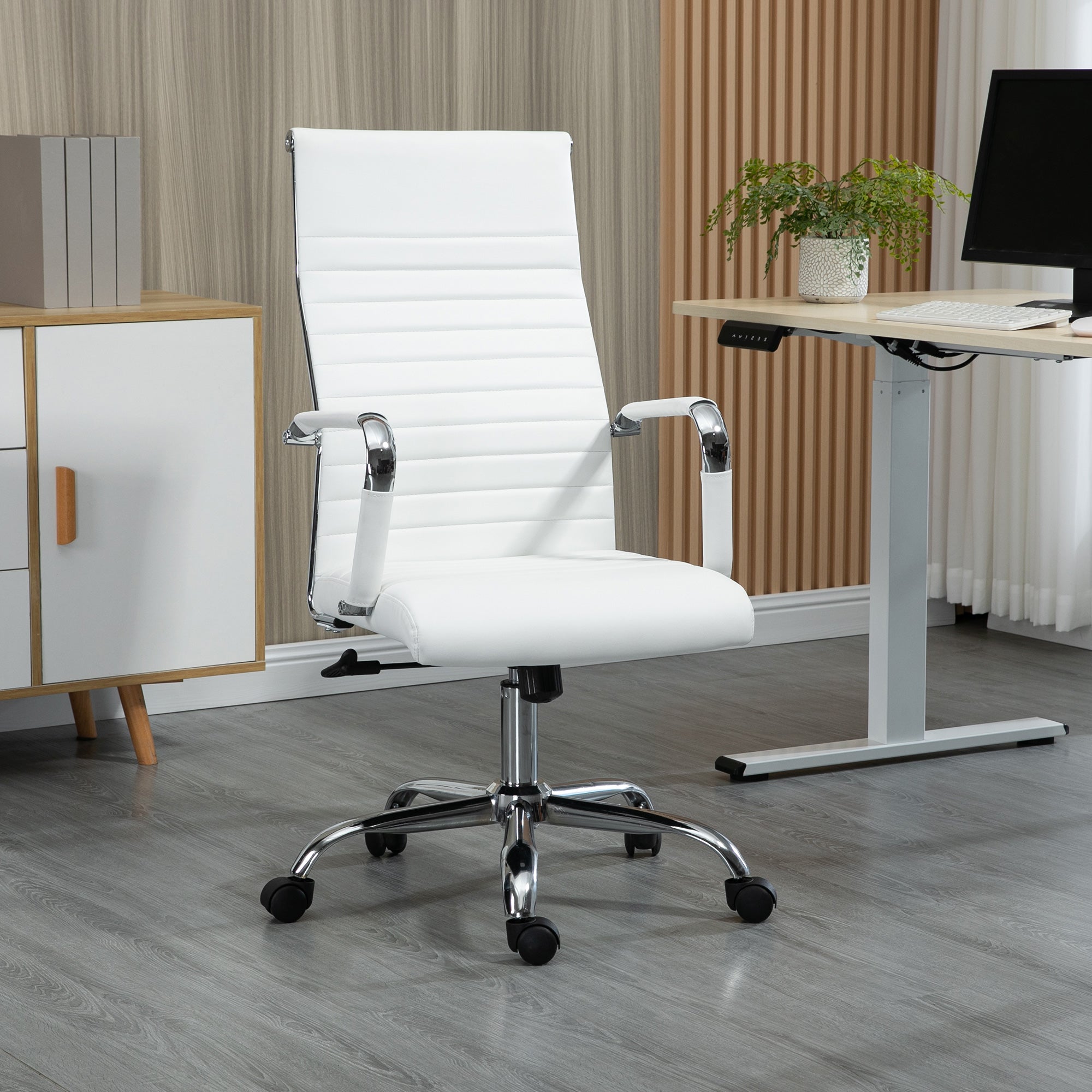 Vinsetto Bürostuhl ergonomischer Schreibtischstuhl mit Wippfunktion Chefsessel höhenverstellbarer Drehstuhl gepolstert Kunstleder Schaumstoff Weiß 54 x 62 x 104-114 cm