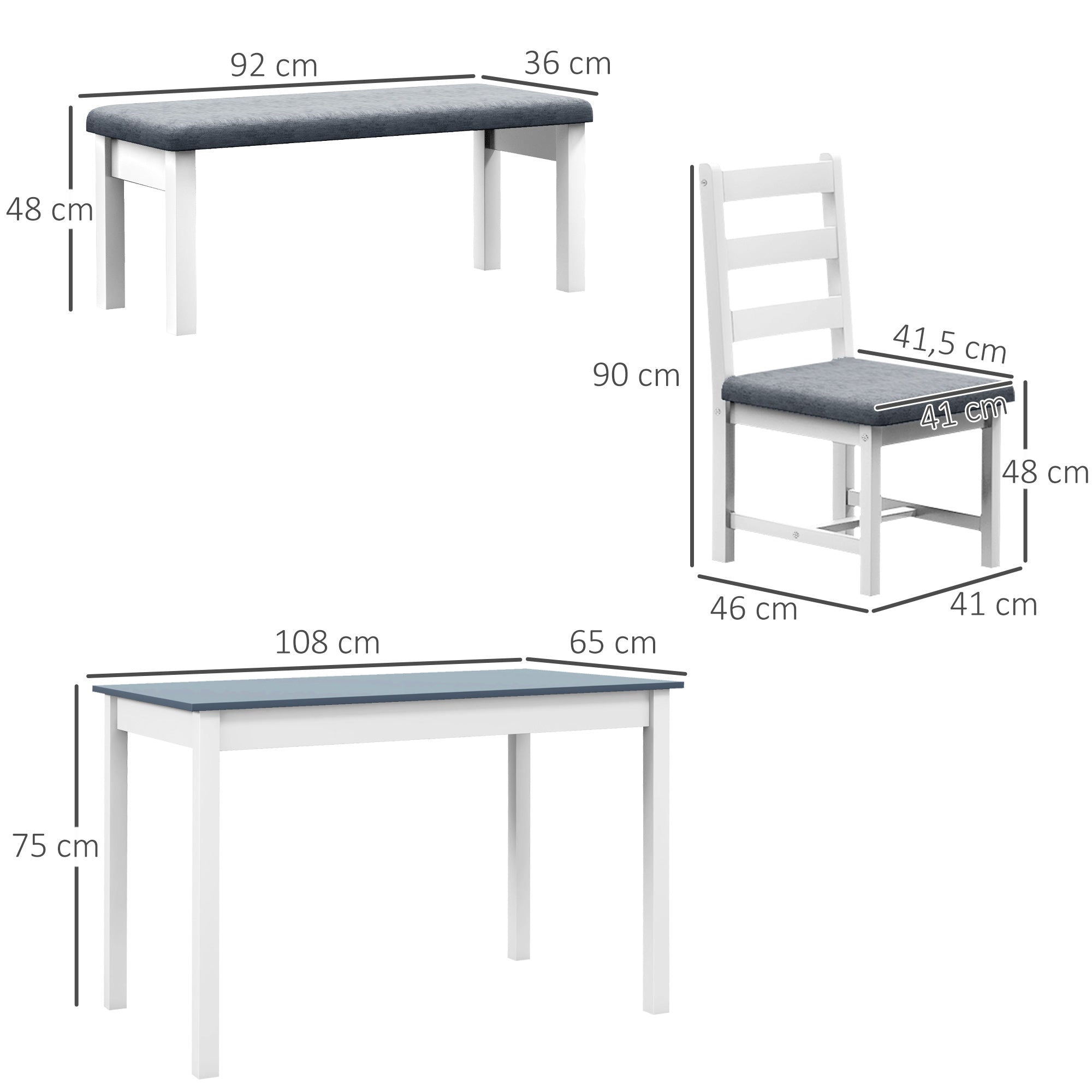 HOMCOM Sitzgruppe, 4-teiliges Esstisch-Set, 1 Tisch, 1 Bank, 2 Stühle, Grau + Weiß