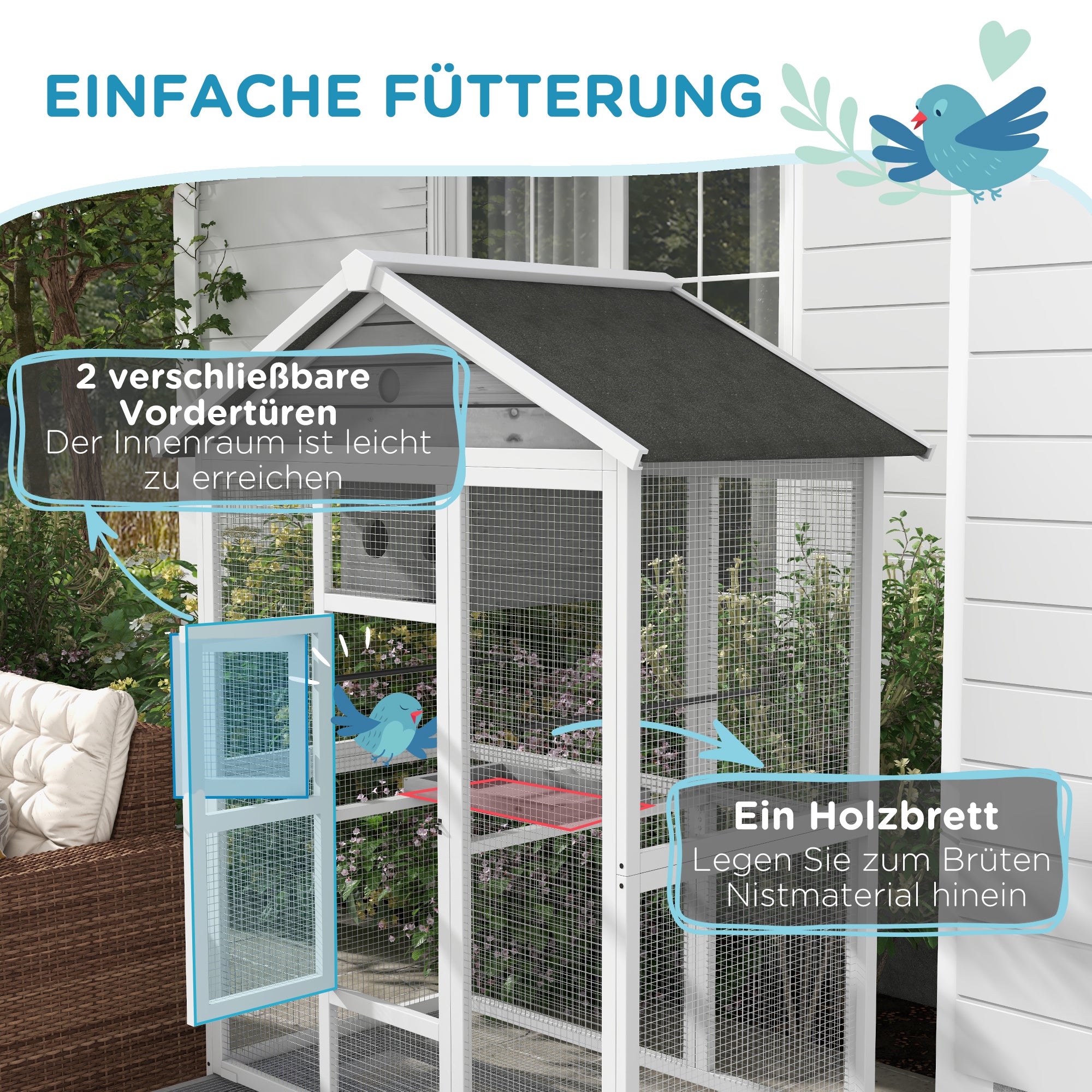 PawHut Vogelkäfig aus Holz, mit 4 Sitzstangen, Asphaltdach, wasserdicht, 112 x 68 x 154 cm