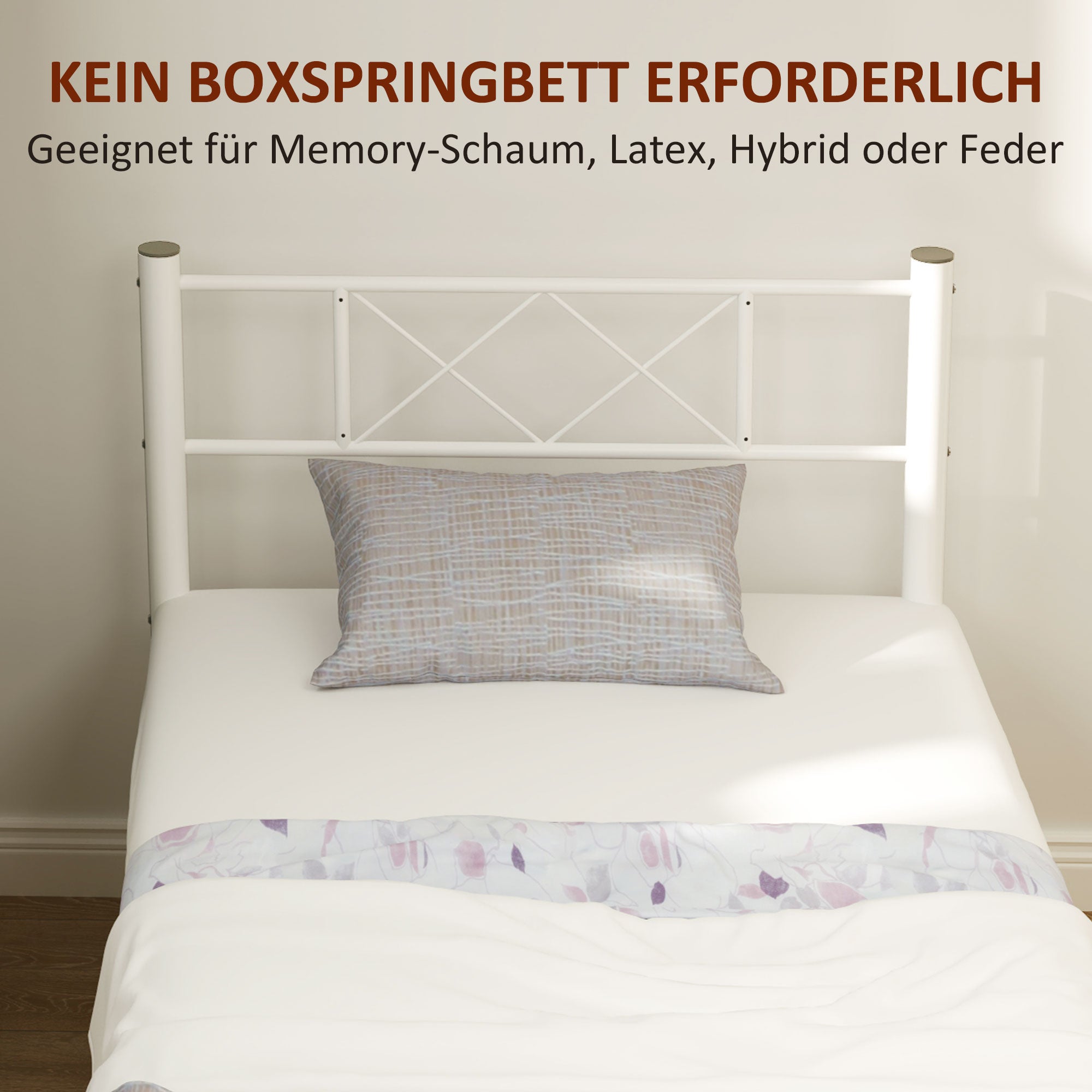 HOMCOM Einzelbettgestell mit hohem Kopfteil, Leichte Montage, Stauraum unter dem Bett, Stahl, Weiß
